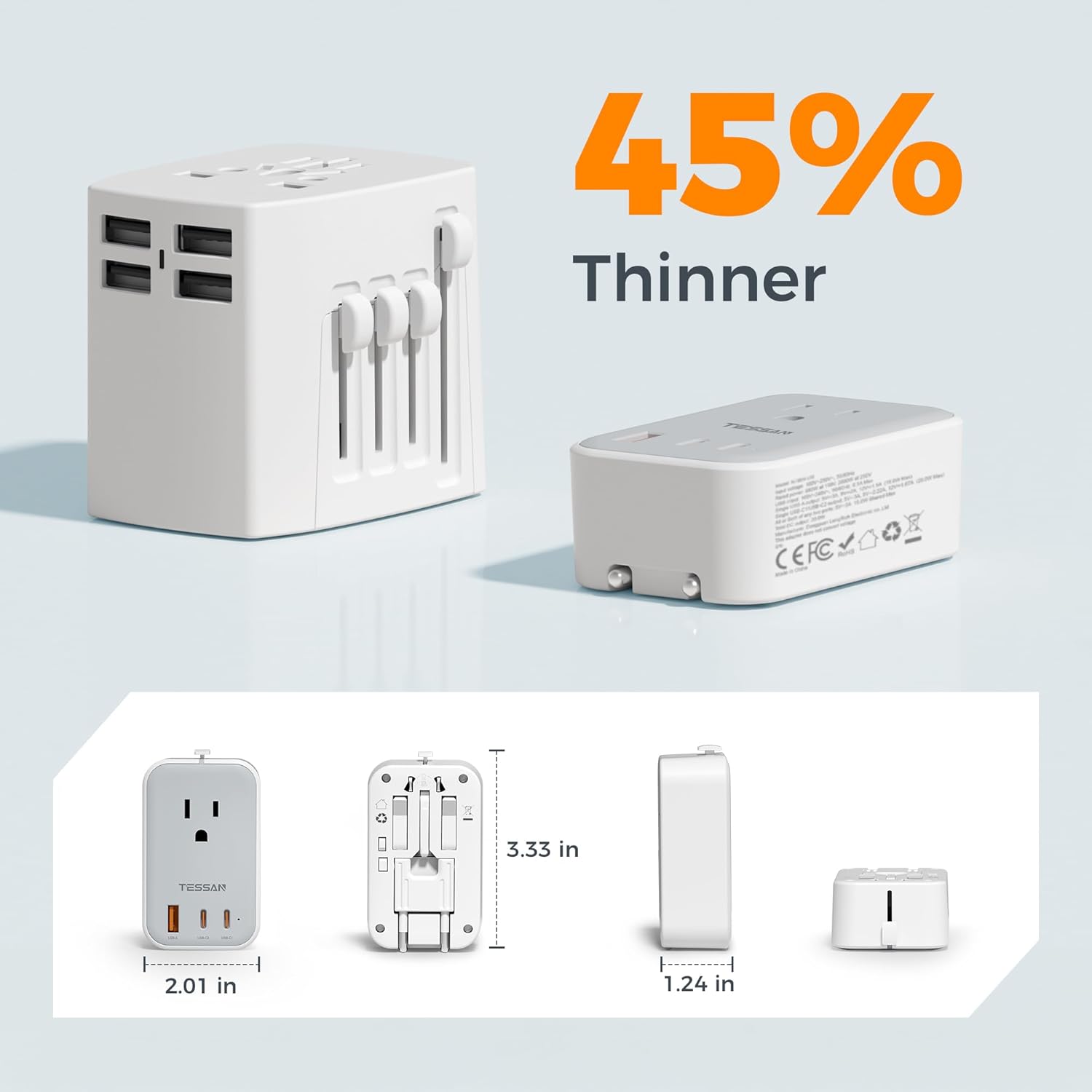 TESSAN Universal Travel Adapter PD 20W, Ultra Thin International Power Adapter 2 USB C 1 USB A, Worldwide Power Plug Adaptor for USA to European UK Italy Ireland New Zealand (Type C/G/A/I), Grey - Image 3