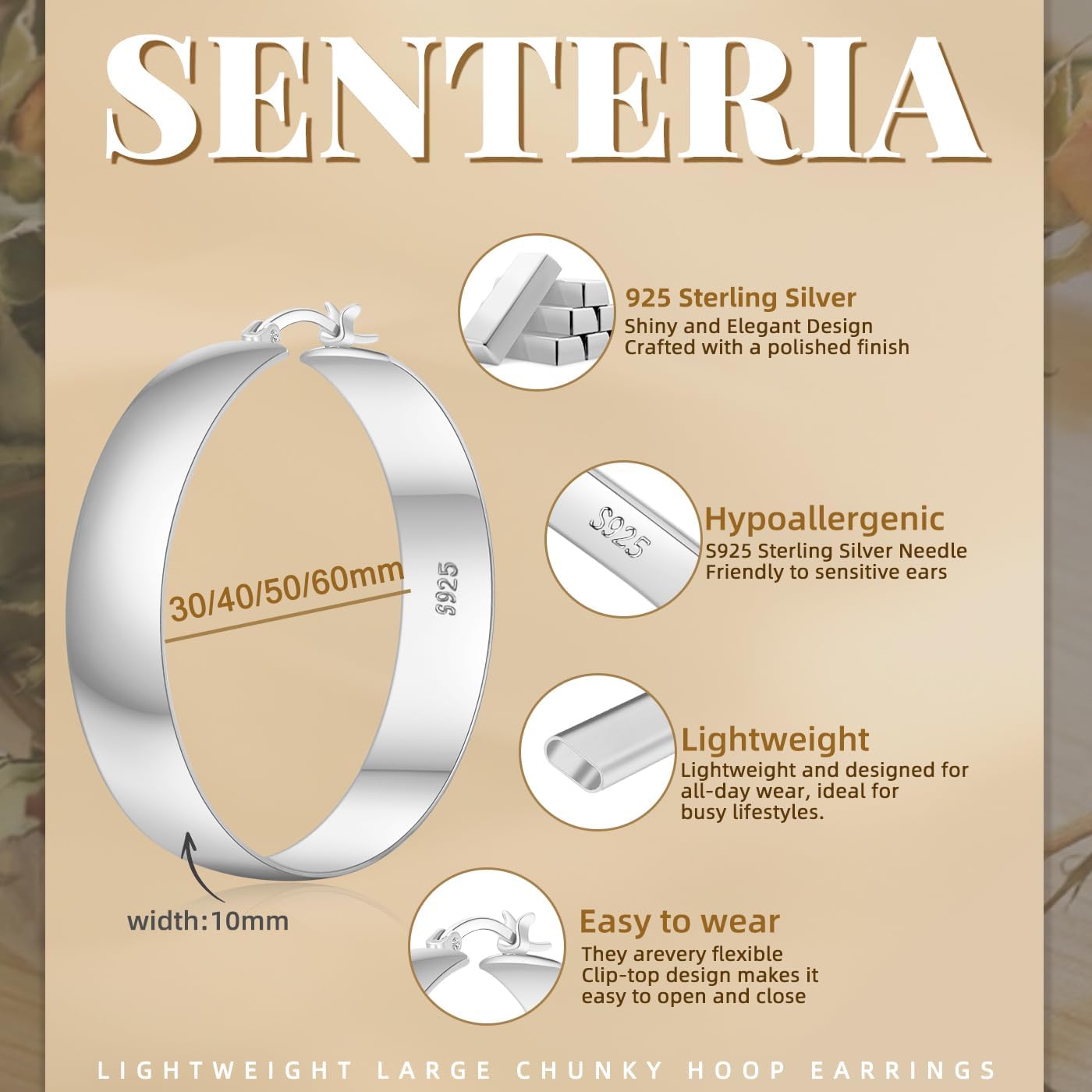Senteria 925 Sterling Silver Hoop Earrings for Women Hypoallergenic Chunky Silver Hoop Earrings Lightweight Large Thick Silver Hoops Earrings for Women (50mm) - Image 4