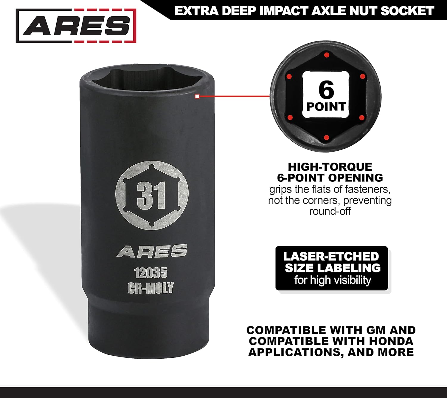 ARES 12035-31MM Axle Nut Socket - 6 Point Socket - Extra Deep 1/2-Inch Drive Impact Socket for Easy Removal of Axle Shaft Nuts - Image 3