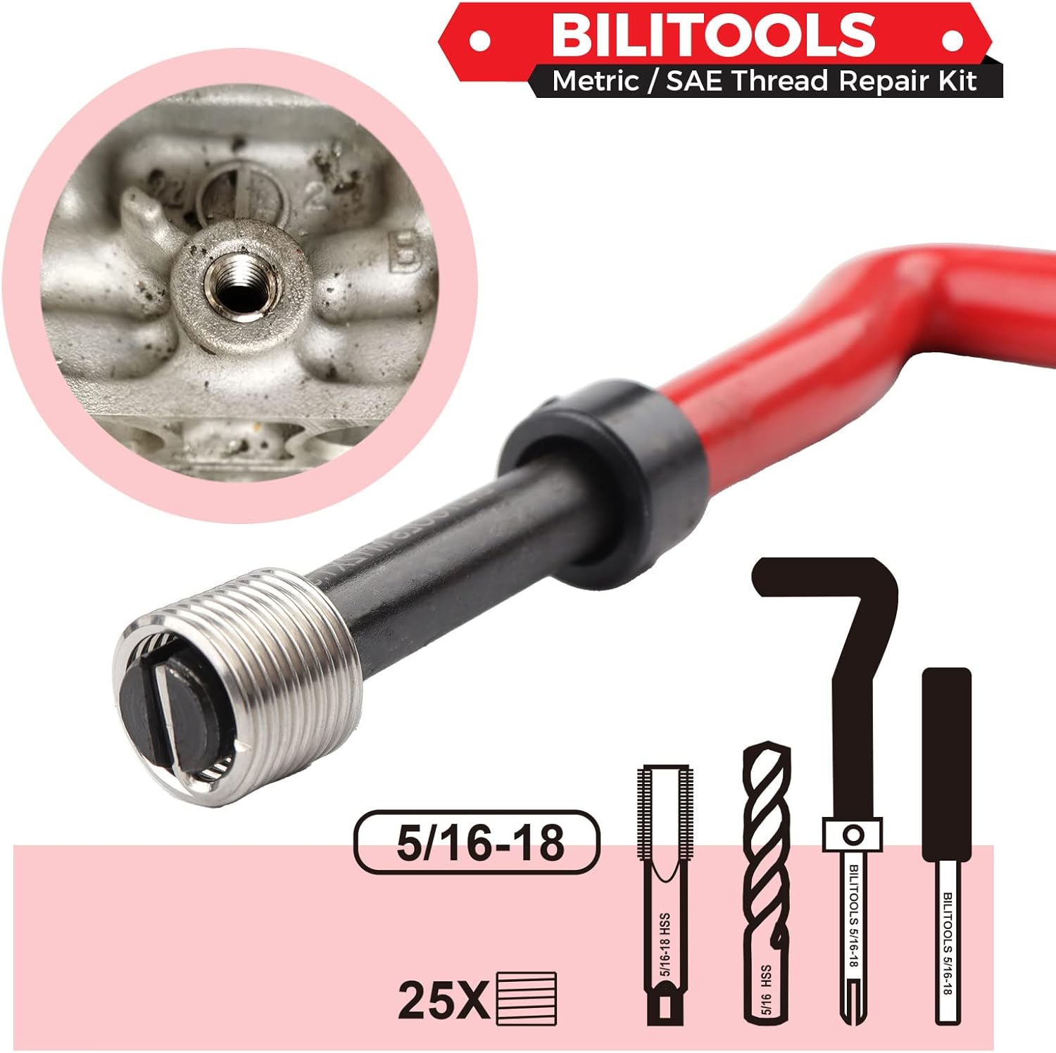 BILITOOLS 5/16-18 inch Thread Repair Kit, HSS Drill Helicoil Repair Kit SAE - Image 3