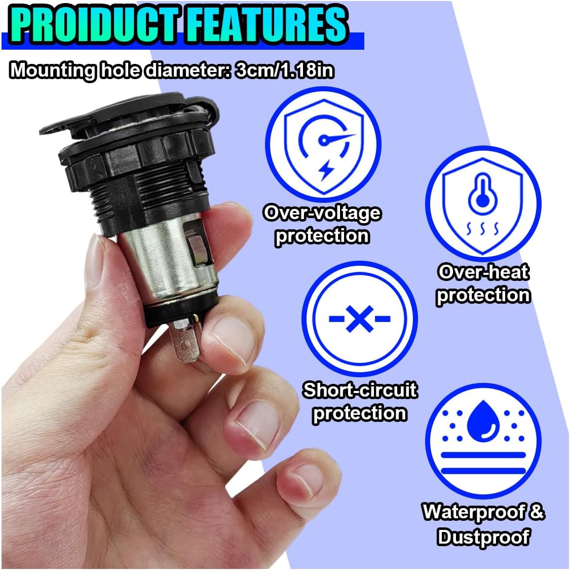 Cigarette Lighter Socket, DC 12V Car Power Outlet Socket Replacement, Waterproof Car Cigarette Lighter Adapter with Cover and Wiring Harness, Universal Auto Accessories for CarS, RV, Boat (1PC) - Image 5