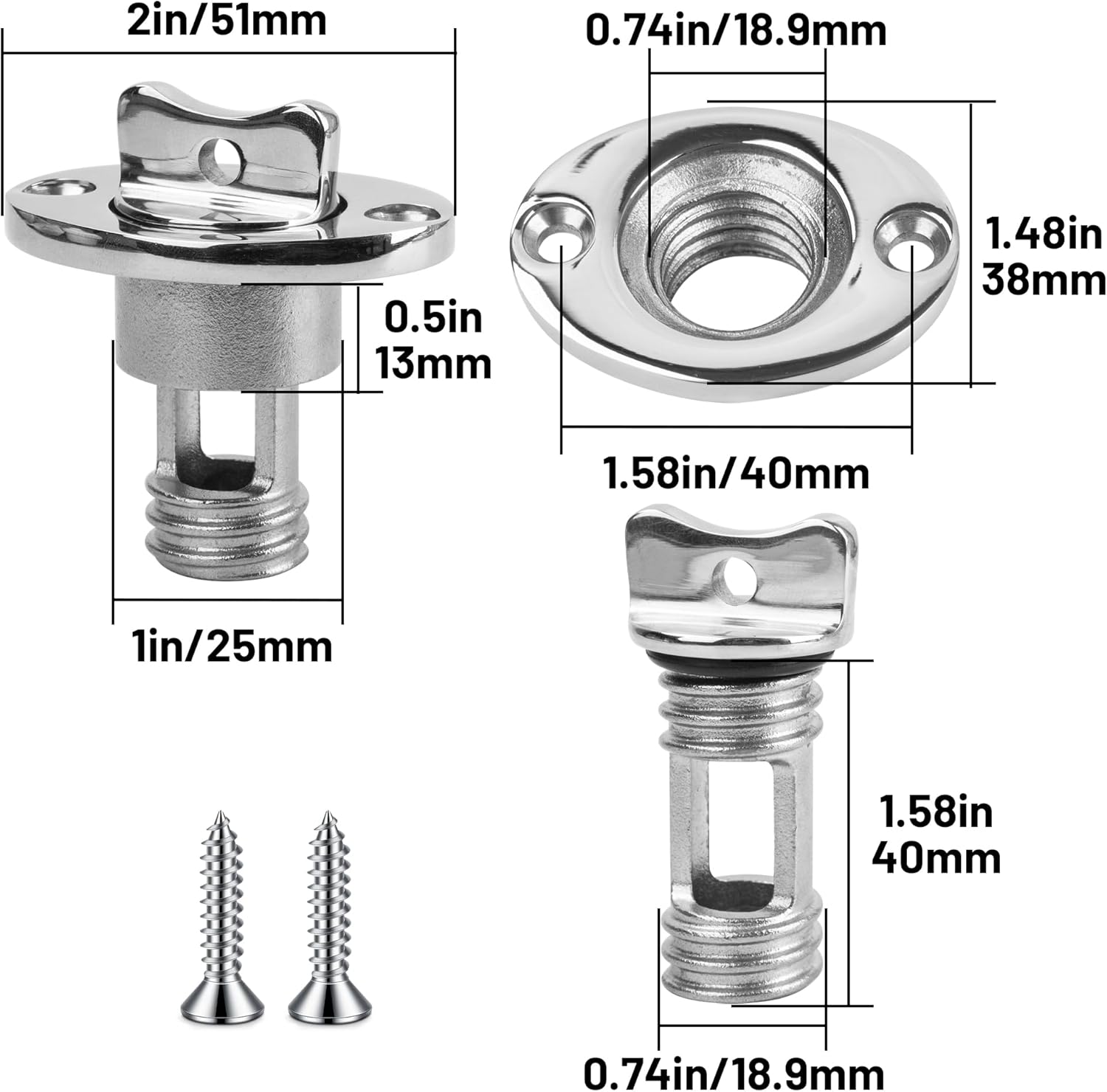Marine Drain Plug Kit, Stainless Steel Boat Drain Plug, Oval Garboard Transom Boat Plug with Waterproof Seal Ring Fits 1 Inch Hole - Image 2