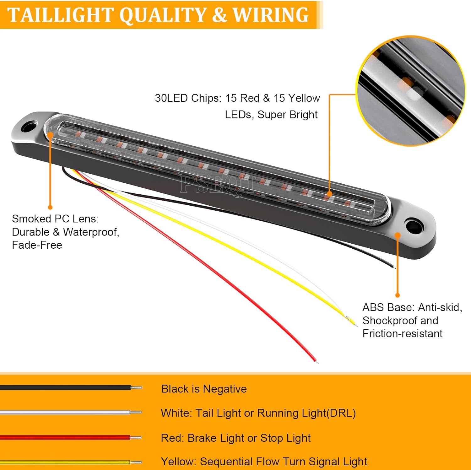 PSEQT 10" LED Trailer Tail Light Bar Brake Stop Turn Signal Lights Assembly Identification Red & Amber Sequential Strobe Strip Lamp w/Smoked Lens Waterproof for Pickup Golf Cart Offroad Truck RV UTV - Image 5