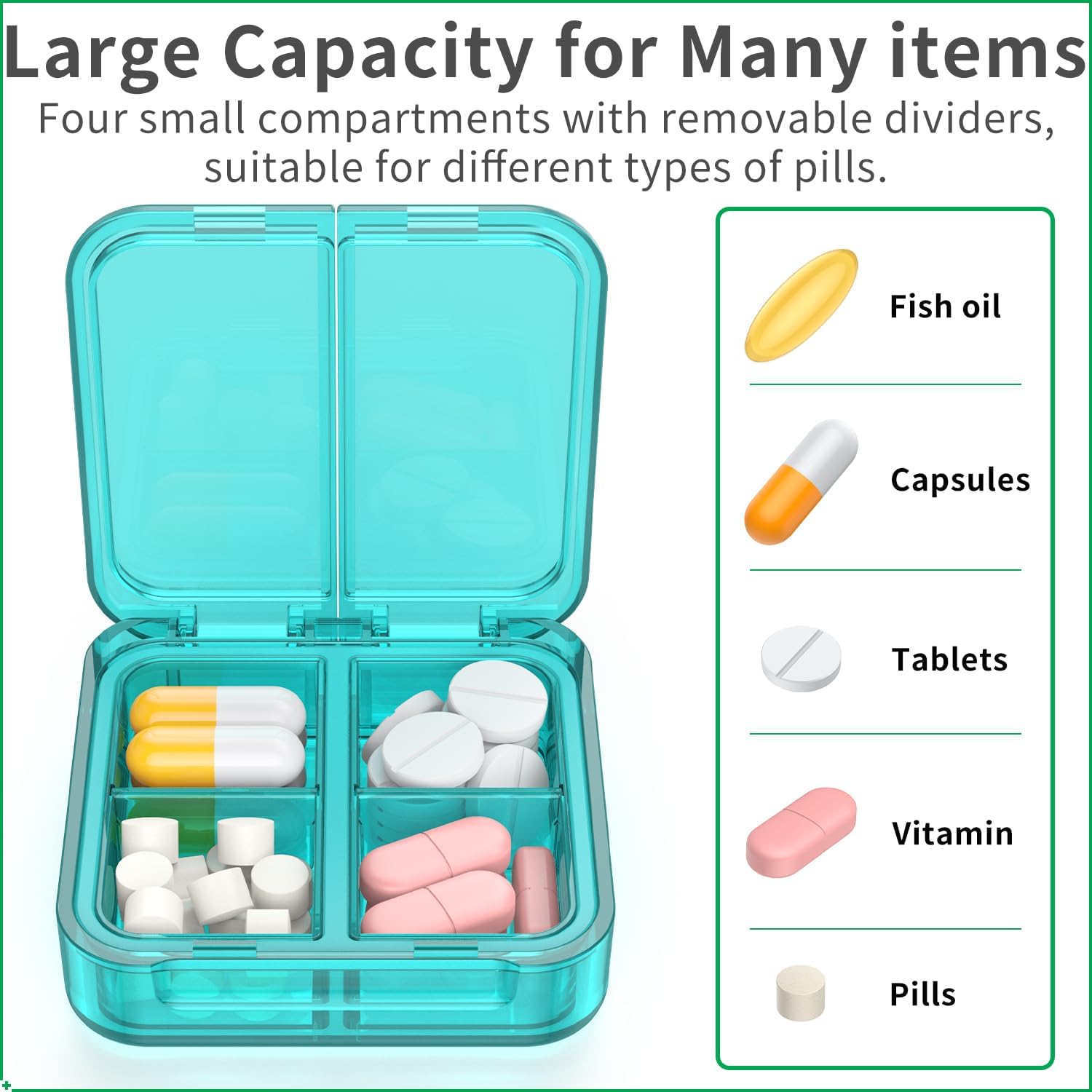 Small Pill Box,4 Compartments Travel Pill Case, Portable Pill Organizer,Mini Pill Container for Pocket,Daily Compact Travel Medicine Holder for Vitamins Fish Oil and Supplement Storage(Green+Cyan) - Image 3