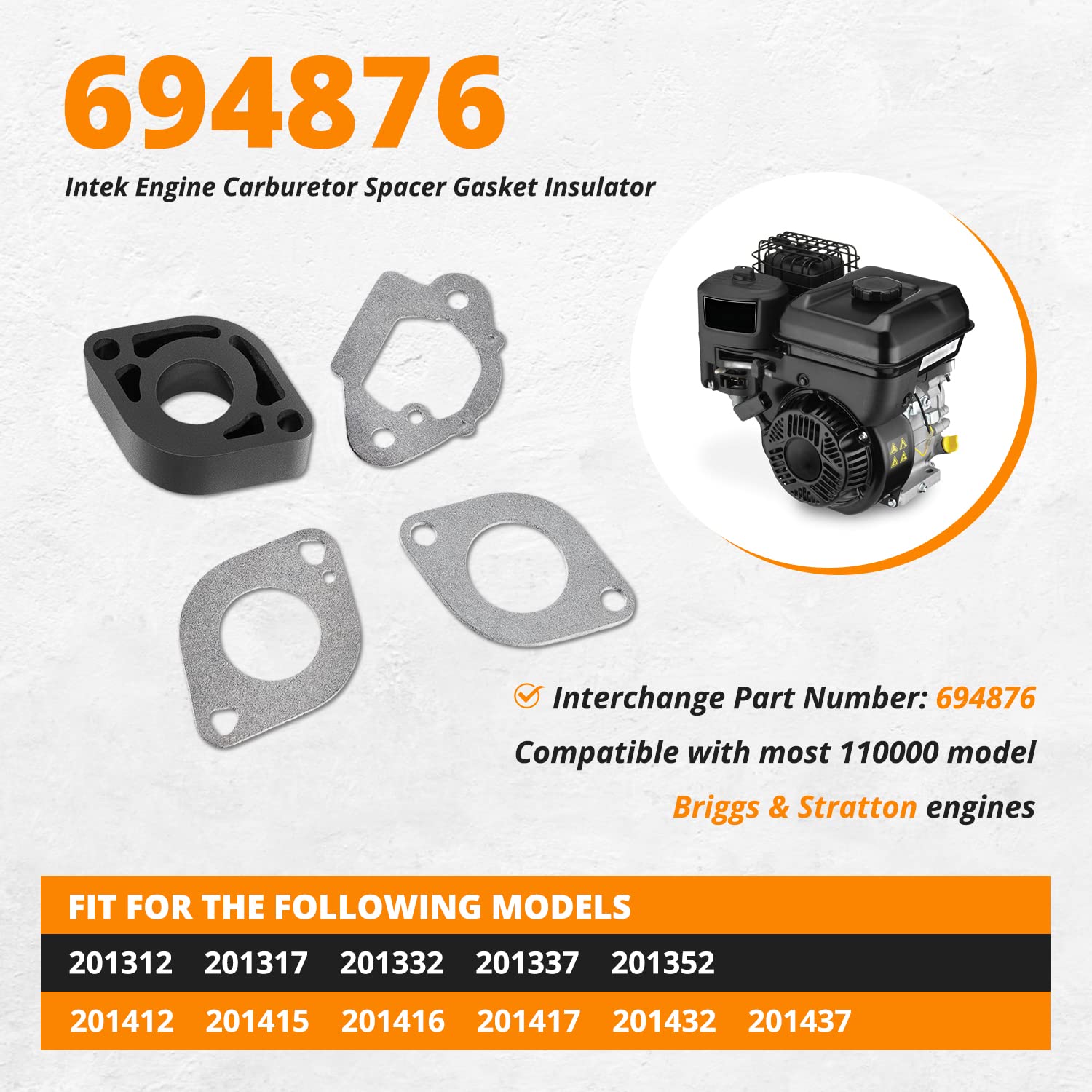 Replace for 694876 Intek Engine Carburetor Spacer Gasket Insulator Compatible with Briggs & Stratton, for Models 201312, 201317, 201332, 201337, 201352, 201412, 201415, 201416, 201417, 201432, 201437 - Image 2
