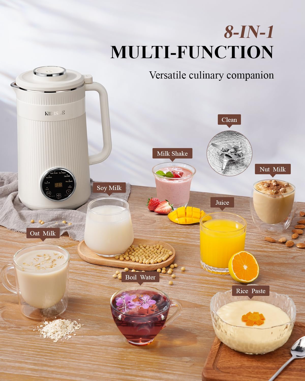 KIDISLE 8 in 1 Nut Milk Maker Blender, 32oz Homemade Soy, Almond, Oat, Coconut, Plant Based and Non Dairy Beverages, Automatic Soybean Machine With Delay Start/Keep Warm/Boil Water, Cream - Image 2
