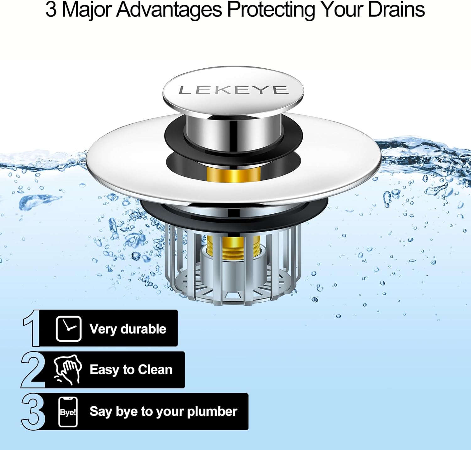 LEKEYE Tub Stopper | Shower Drain Hair Catcher | Pop-up Drain Stopper with Strainer | Bathroom Bathtub Plug | Drain Protector for 1-1/2 to 1-3/4" Bath Drain Hole - Image 3