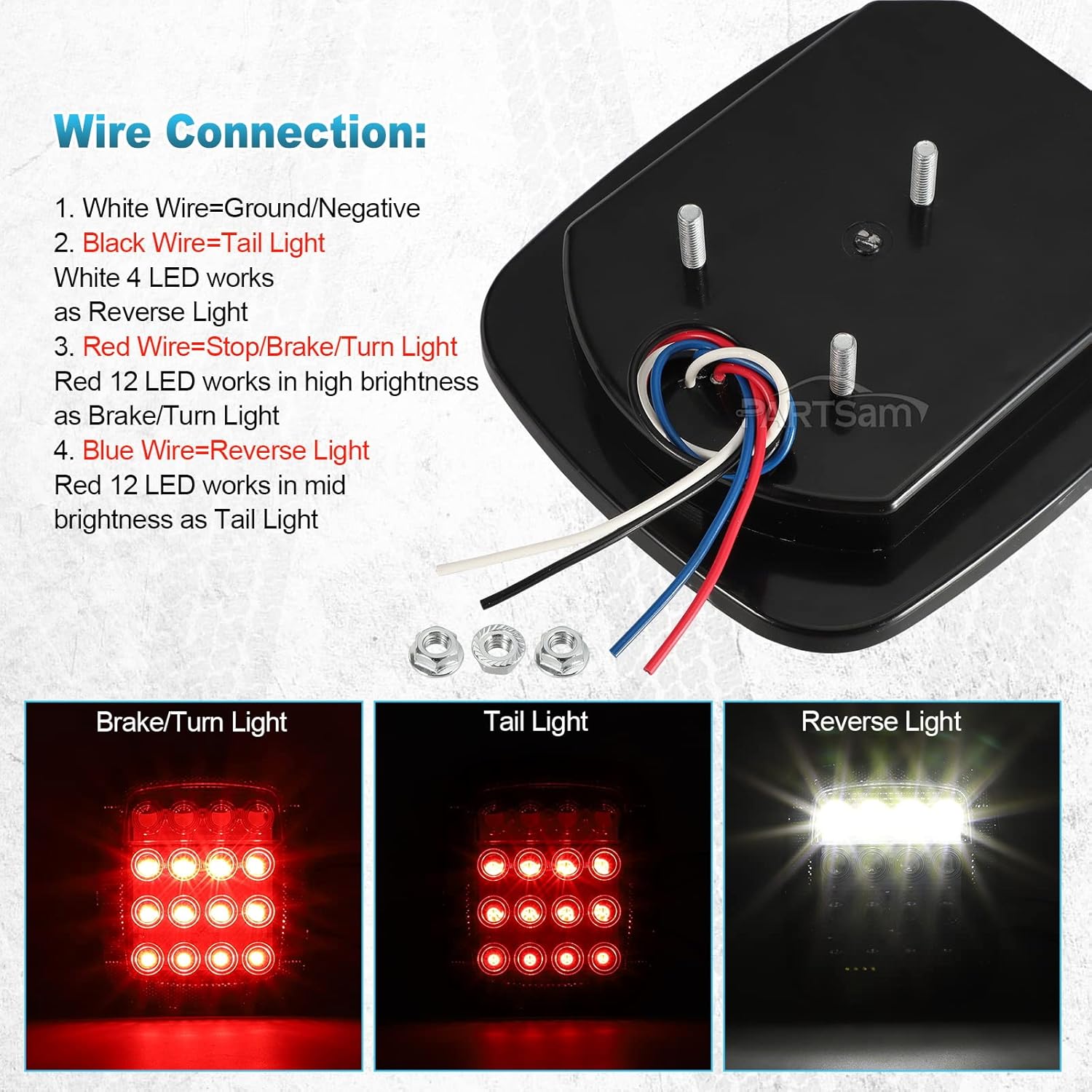 Partsam 2x LED Tail Lights 16LED Stop Brake Turn Reverse Tail Light Combination 12-5050 Red 4-5050 White Smoke Lens Compatible with Wrangler YJ TJ CJ Pick-up Truck Trailer RV - Image 4