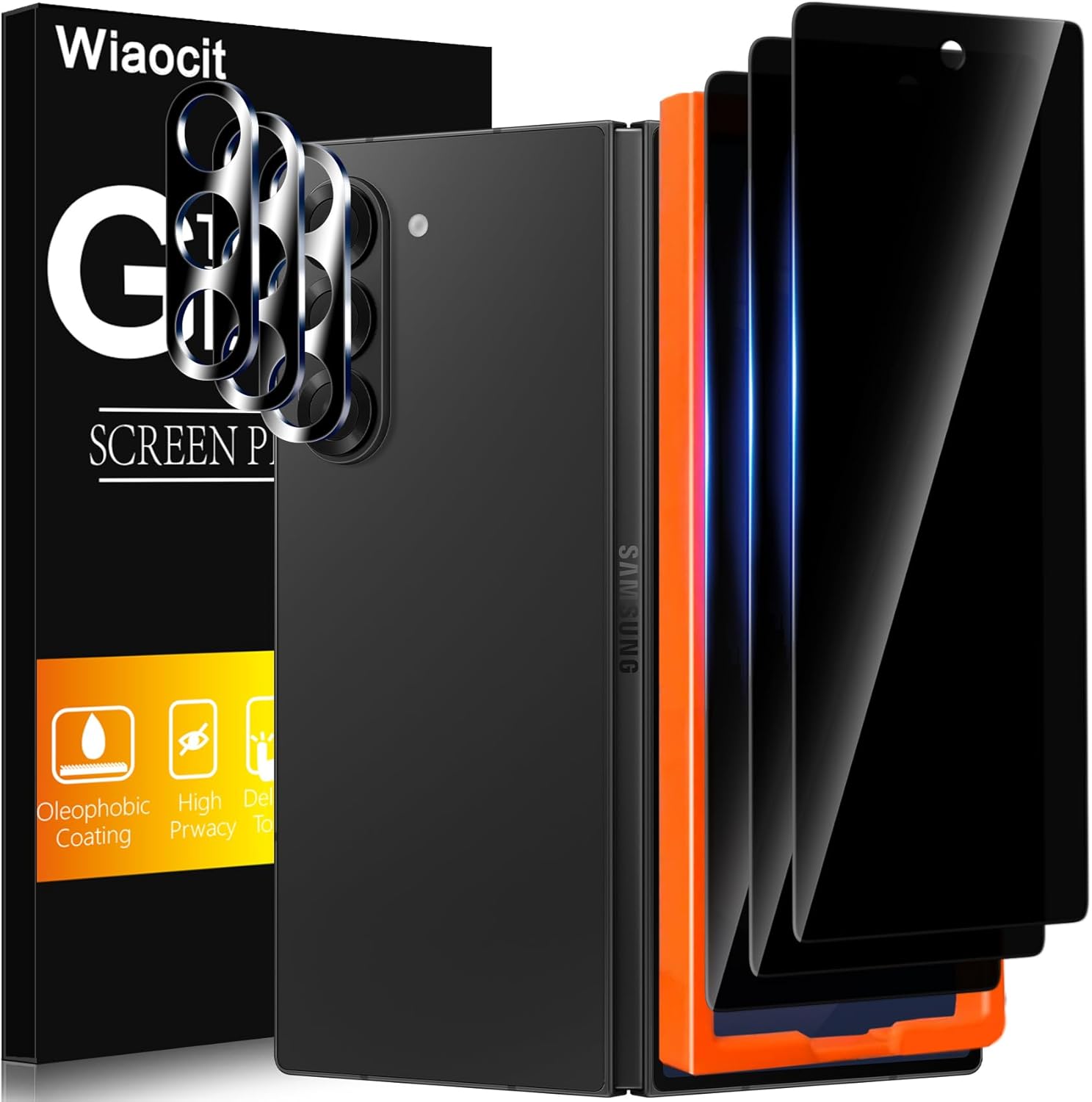 Wiaocit 3 Pack Privacy Screen Protector for Samsung Galaxy Z Fold 7/Z Fold 8 with 3 Pack Camera Lens Protector, 9H Hardness, Tempered Glass, Bubble Free, Case Friendly