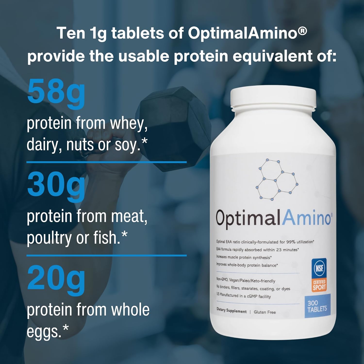 OptimalAmino Tablets (300 Count) | 99% Utilized Essential Amino Acids (EAA) Supplement, Increase Muscle Recovery, BCAA Protein Pre/Post Workout | NSF Certified for Sport® Certified - Image 5