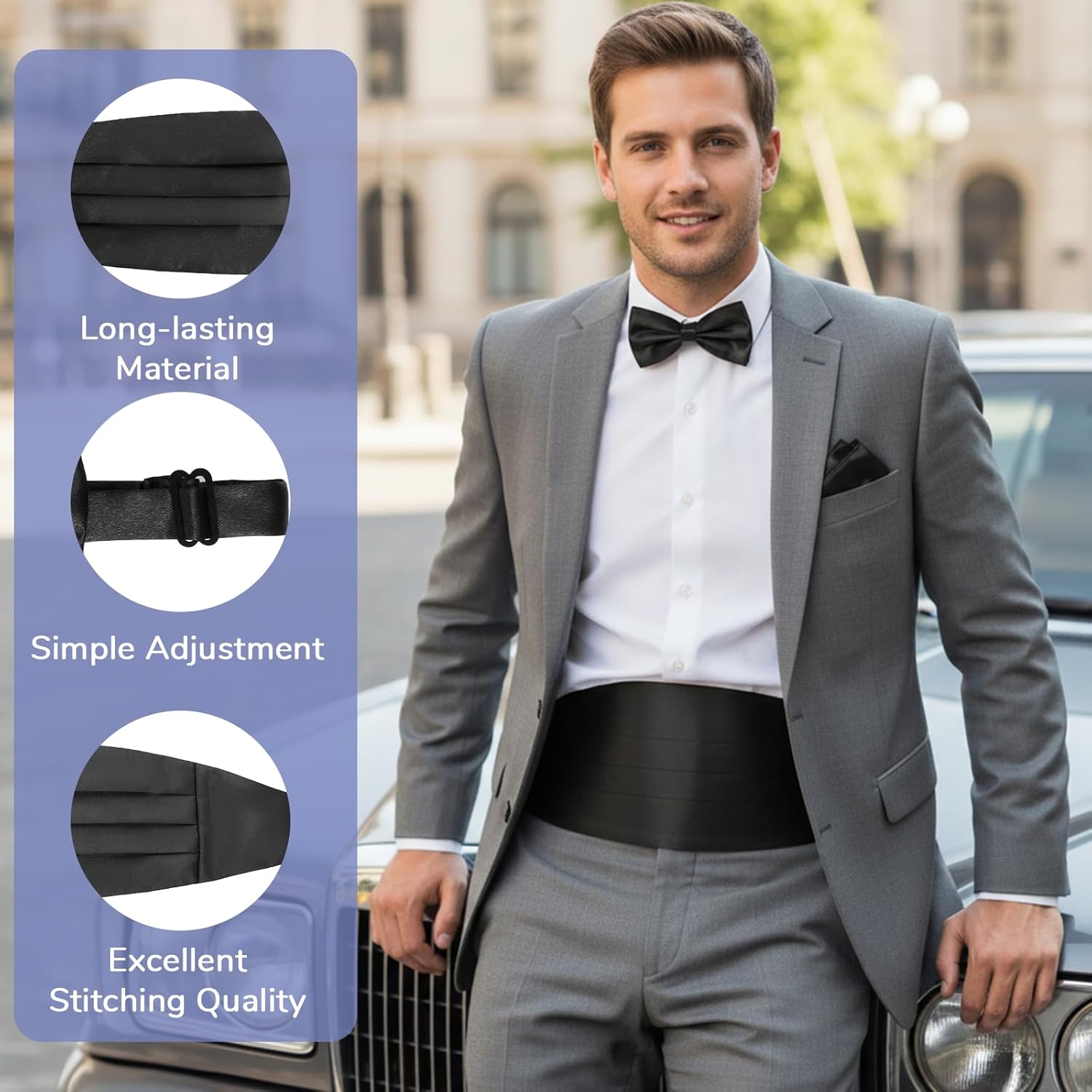 Cumberbund and Bow Tie Set, Solid Color Cummerbund for Men with Adjustable Band Bow Tie and Pocket Squares Men's Cummerbunds for Tuxedo Special Occassions Bar Party Wedding (Black) - Image 3