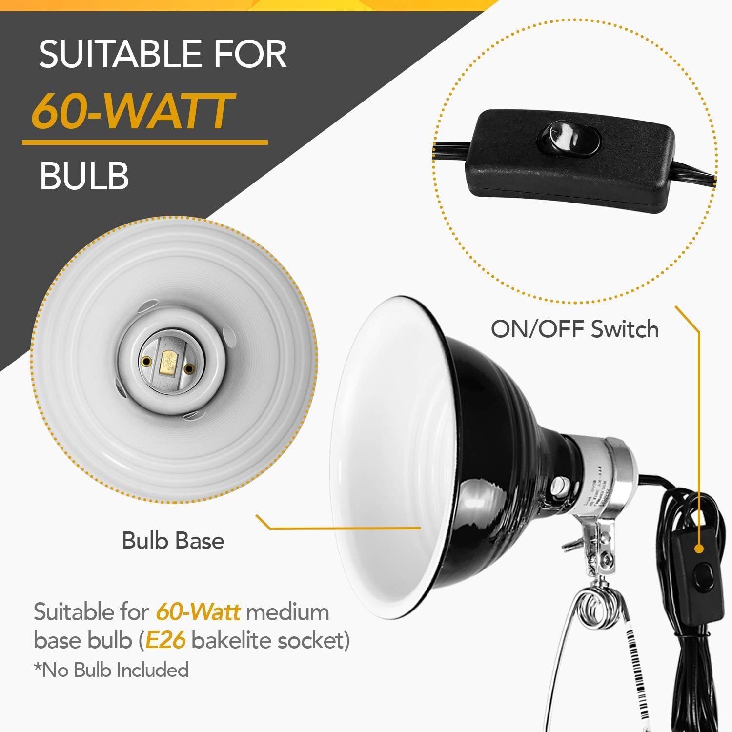 Simple Deluxe Reptile Clamp Lamp Light Fixture with 5.5 Inch Aluminum Reflector for Amphibian Pet, 60W Ceramic Lamp Cap(no Bulb Included), Black (Pack of 3) - Image 5