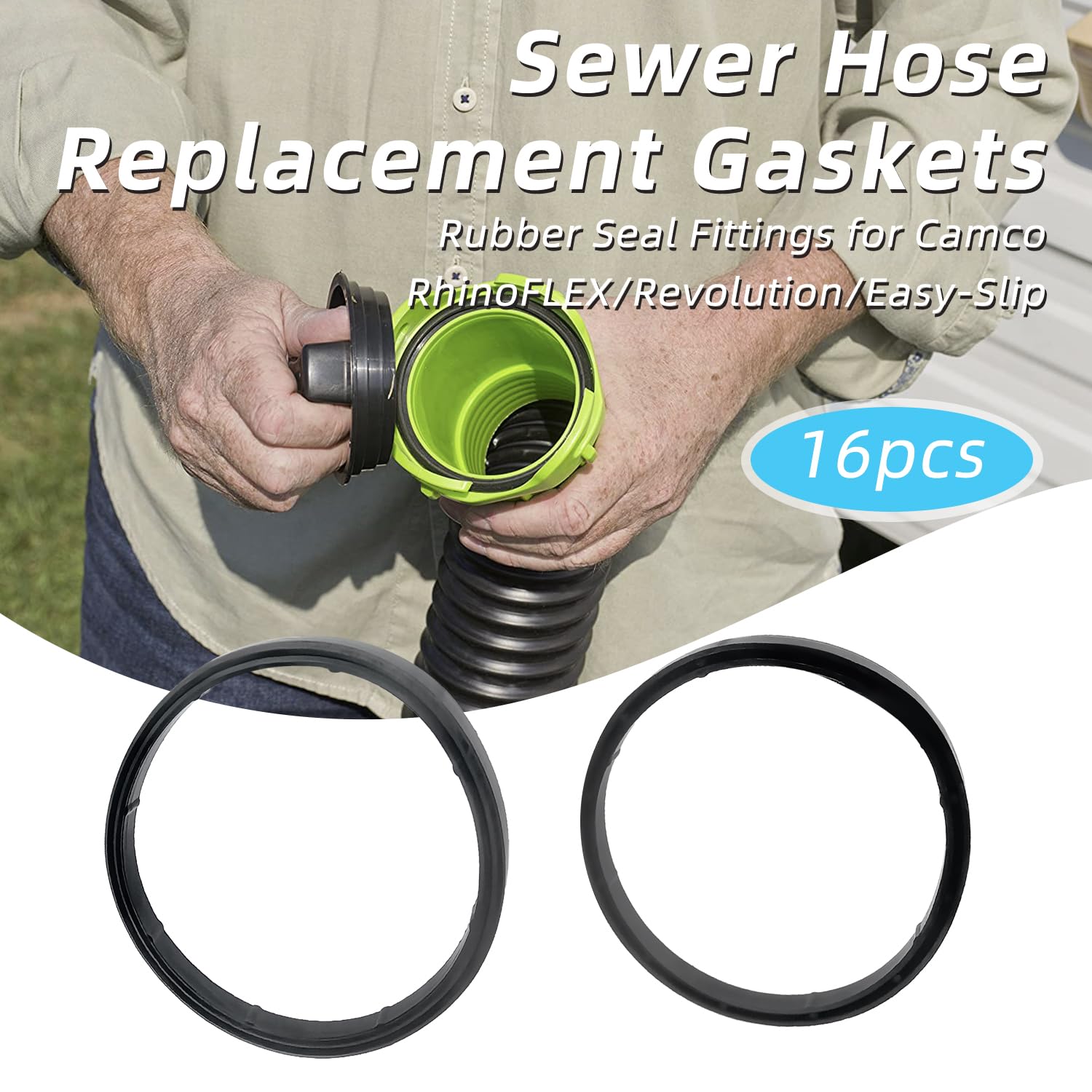 16 Pack RV Sewer Hose Gaskets 39834 Replacement, Compatible with Camco RhinoFLEX Revolution and Easy-Slip Sewer Hoses, Leak-Proof Odor-Tight Rubber Seal Fittings for Bayonet and 4-in-1 RV Sewer Hose - Image 3