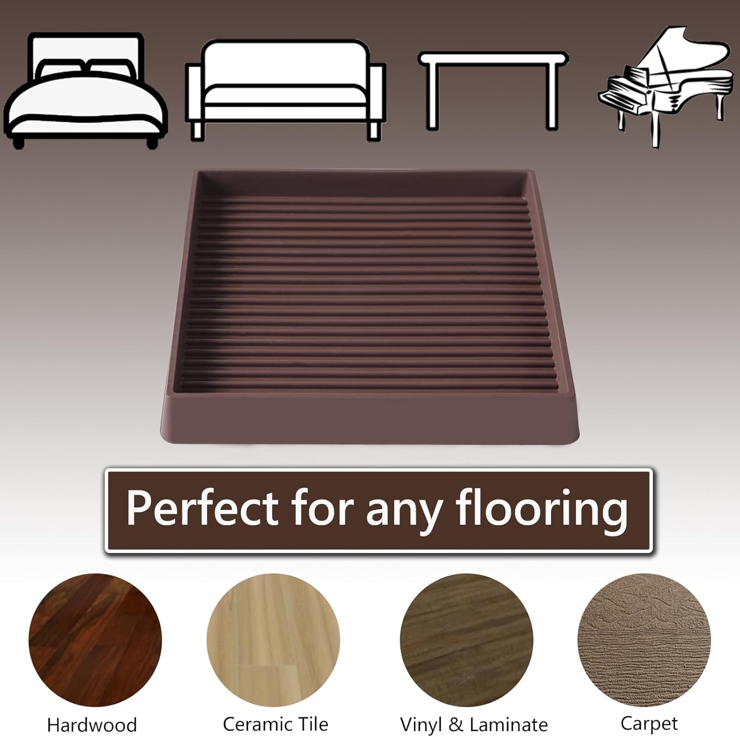 4x4 Square Rubber Furniture Caster Cups, Anti-Sliding Furniture Pads Bed Stopper Floor Protectors with Grip - Protect Any Flooring - Image 2