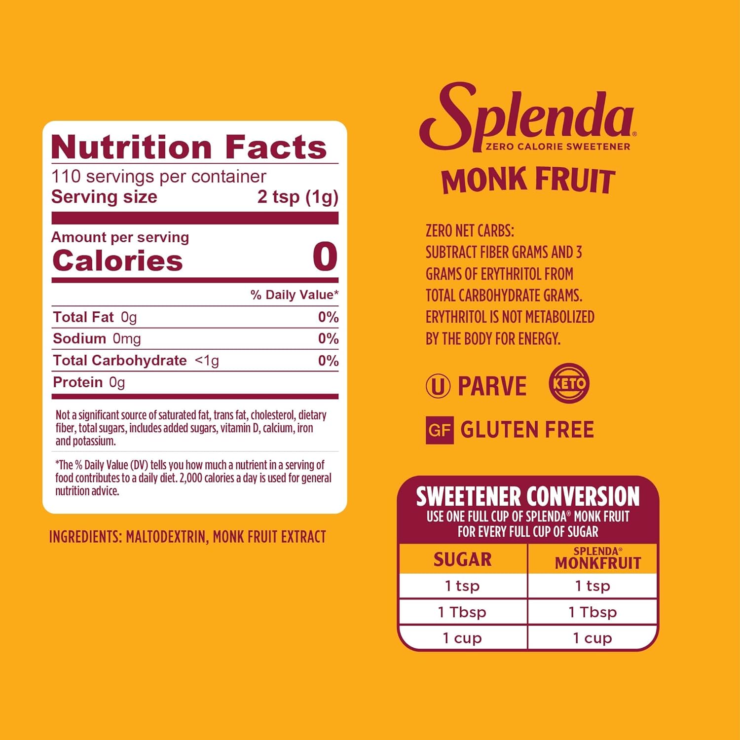 Splenda Monk Fruit Zero Calorie Plant Based Granulated Sweetener, No Erythritol, Sugar Substitute, 3.8 Oz (Pack of 1) - Image 3