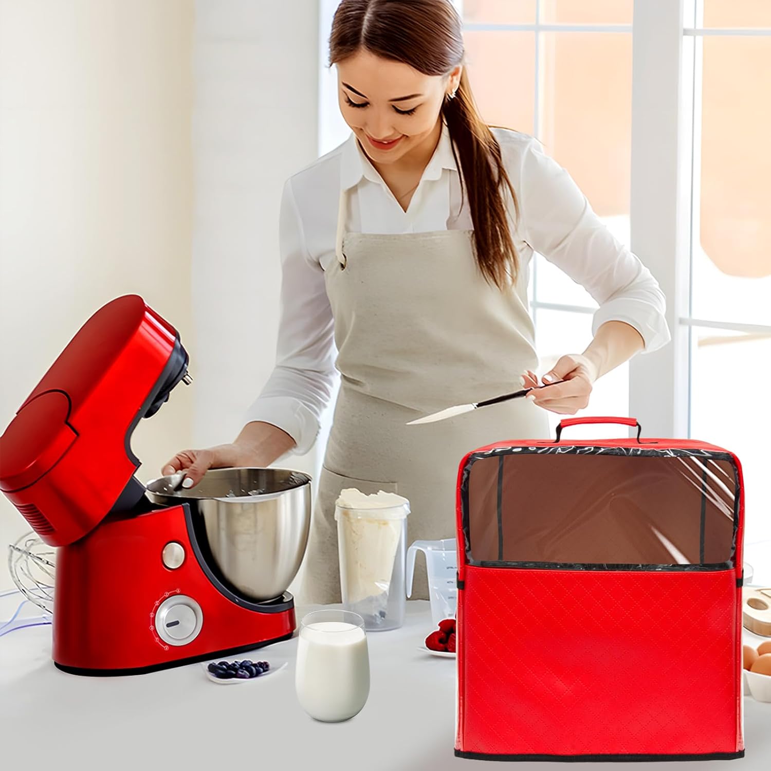 Stand Mixer Cover Compatible with Kitchenaid Mixer, Mixer Dust Cover Multi Pockets for Various Kitchen Appliance Accessories with Silicone Spatula (Red, Fit for 6-8 Quart) - Image 7