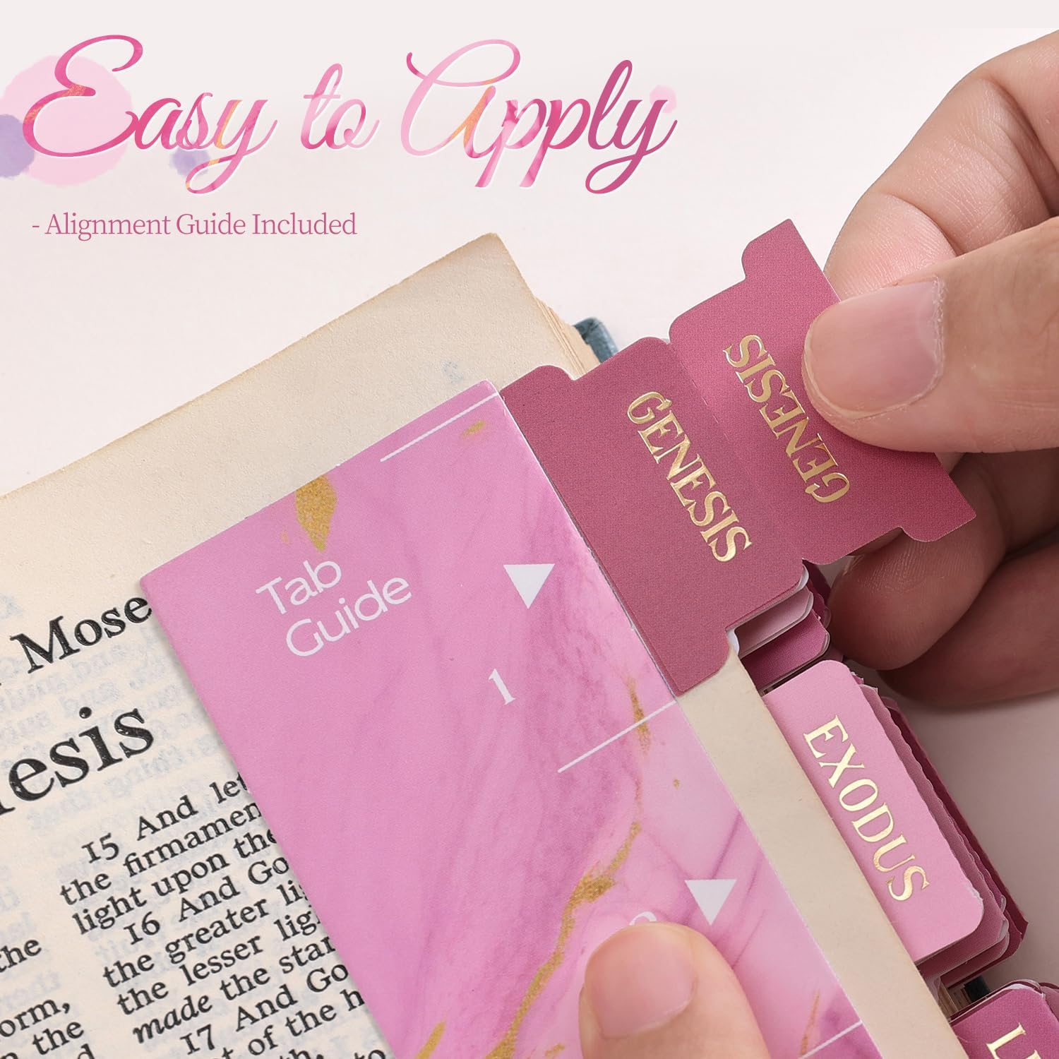 Laminated Bible Tabs, Gold Foil Embossed Lettering Bible Chapter Index Tabs for Women Men, Reposition Large Print Sticky Labels, Easy to Read and Apply, 105 Chapters Labels for Easy Navigation, Pink - Image 4