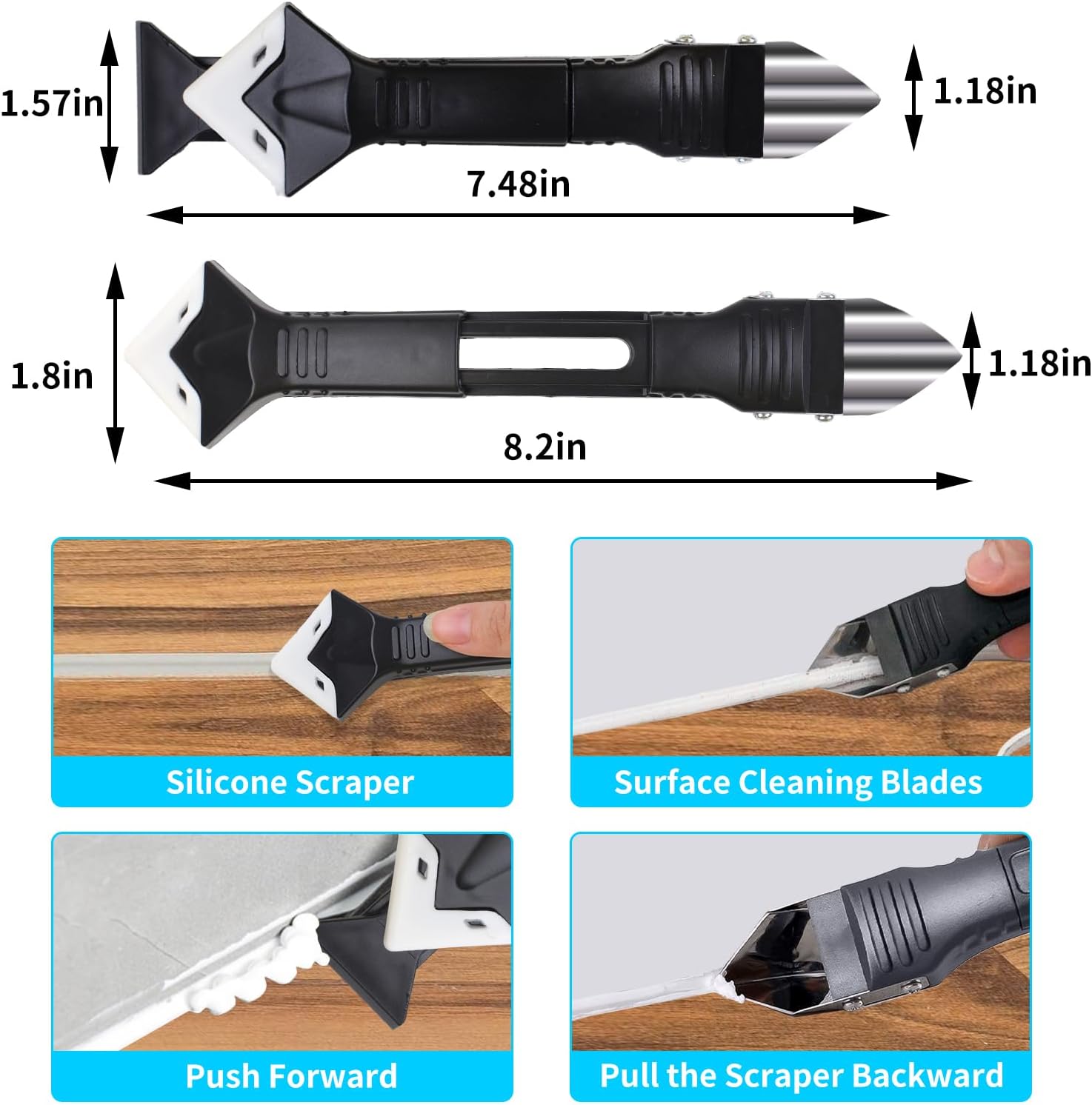 11Pcs Silicone Caulking Tools 3 in1 Grout Removal Tool(Stainless Steelhead)&Grout Remove Scraper,5 Silicone Replaceable Pads,4 Glass Glue Angle Scraper, Caulk Remover for Kitchen/Bathroom/Window/Joint - Image 4