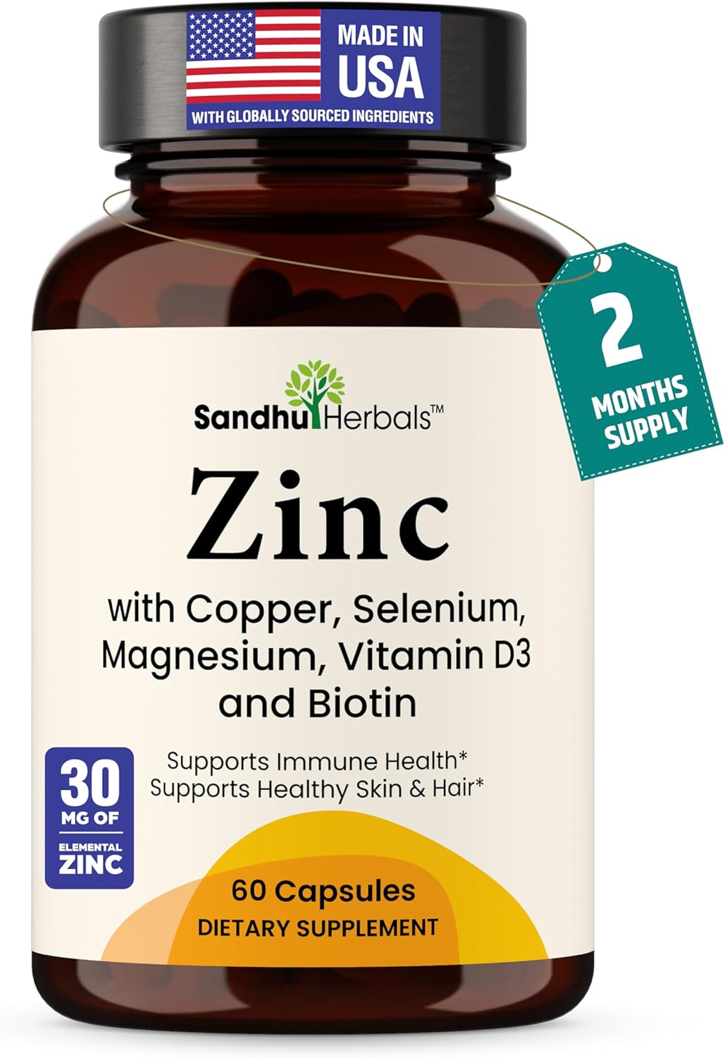 Zinc 30mg with Copper, Selenium & Vitamin D3 | 60 Capsules | Magnesium, Vitamin B6, Biotin Complex | Absorbable Chelated Zink Supplements for Men & Women | for Hair, Skin, Nails & Immune Support