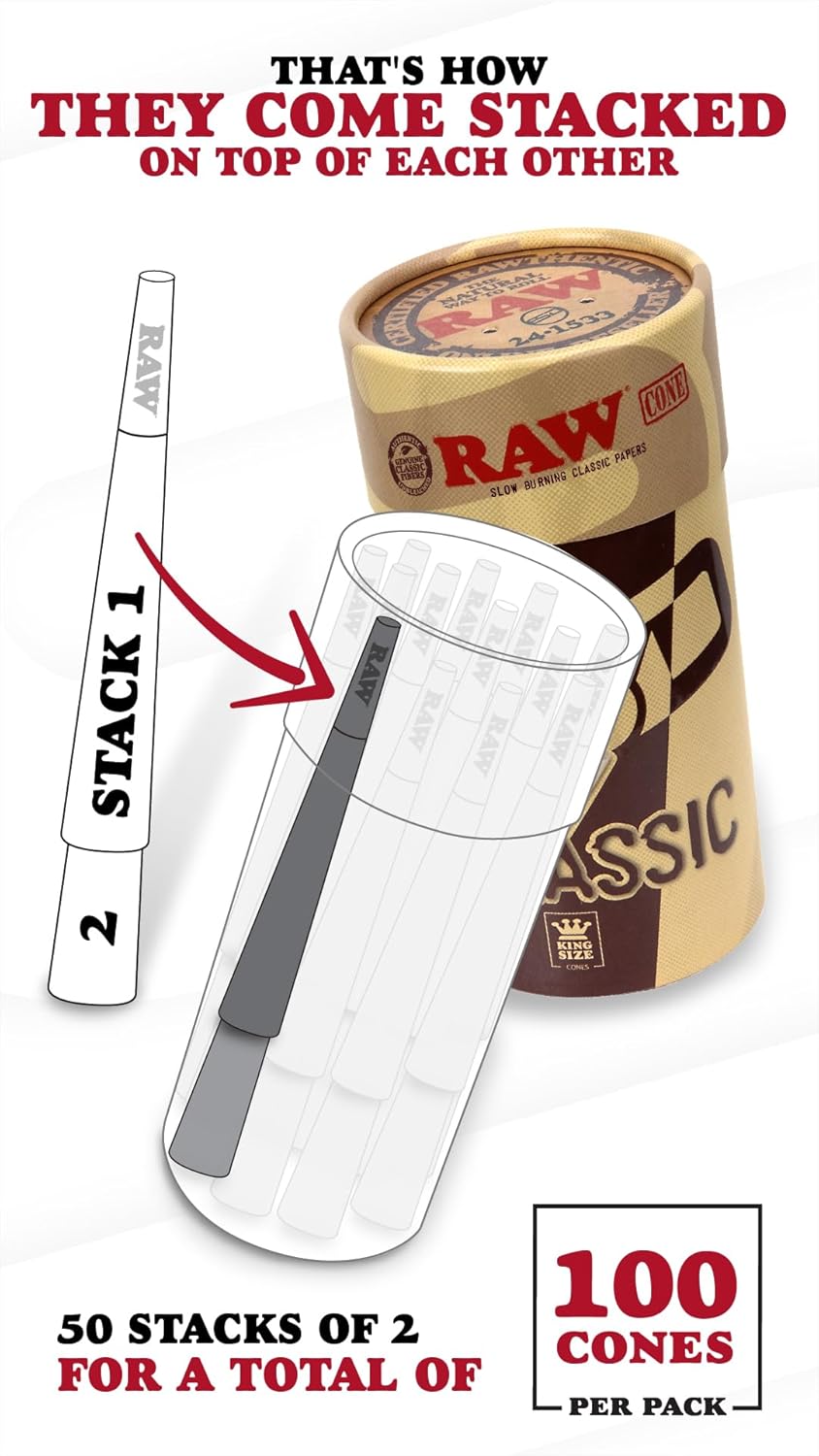 RAW Cones Classic King Size - 100 Pack - Slow Burning Pre Rolled Paper with Tips and Packing Tubes Included - Image 2