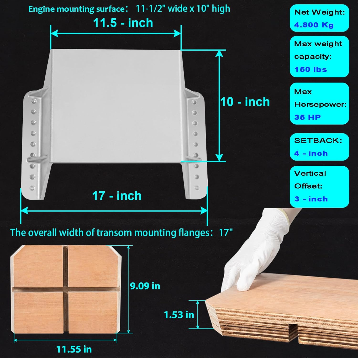 MJ-1-DP Jack Plate 4'' Setback Small Engine Jack Plate for Outboard Motors Up to 35HP (Wooden Mounting Block Included) Manual Add Distance Between Engine and Transom - Image 6