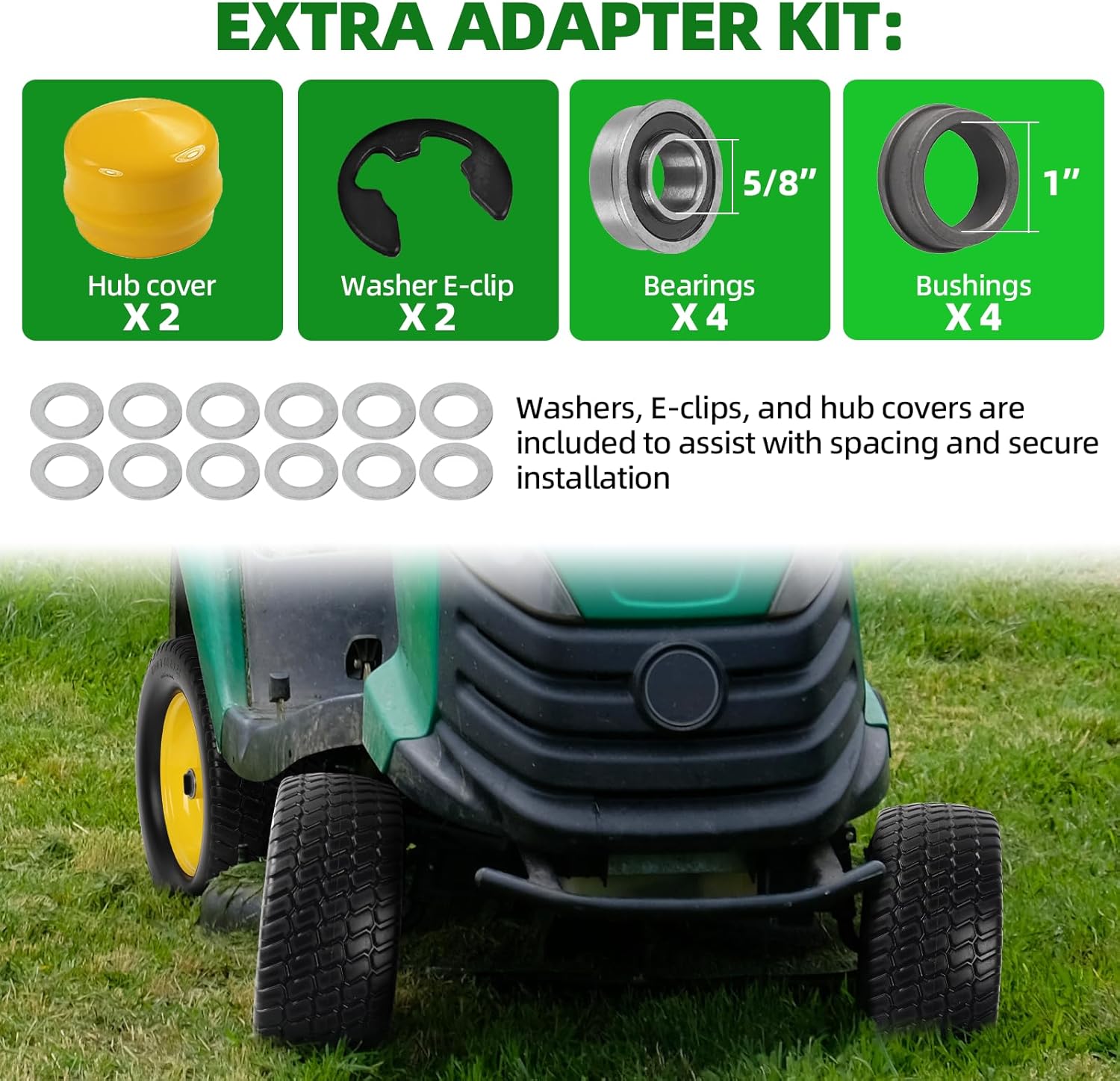 AR-PRO (2 Pack) 15x6.00-6 Flat Free Tire and Wheel, Solid Lawn Mower Front Tires with 3" Centered Hub, 3/4" & 5/8" Bearings & 1" Bushings, Compatible with John Deere Riding Mower Lawn Tractor - Image 6