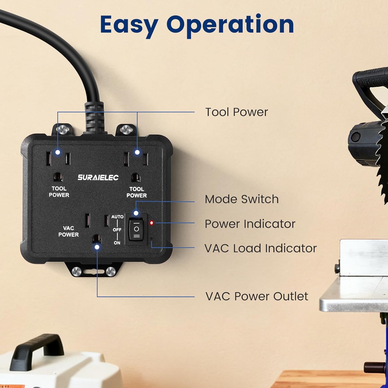 SURAIELEC Automatic Vacuum Switch for 2 Power Tools, Auto/On/Off Mode, Delay Shut Off Shop Vac, 125V/15A/1875W, Ideal for Dust Collectors, Workshops Garages, Table Saw, Sander, Miter Saw - Image 4