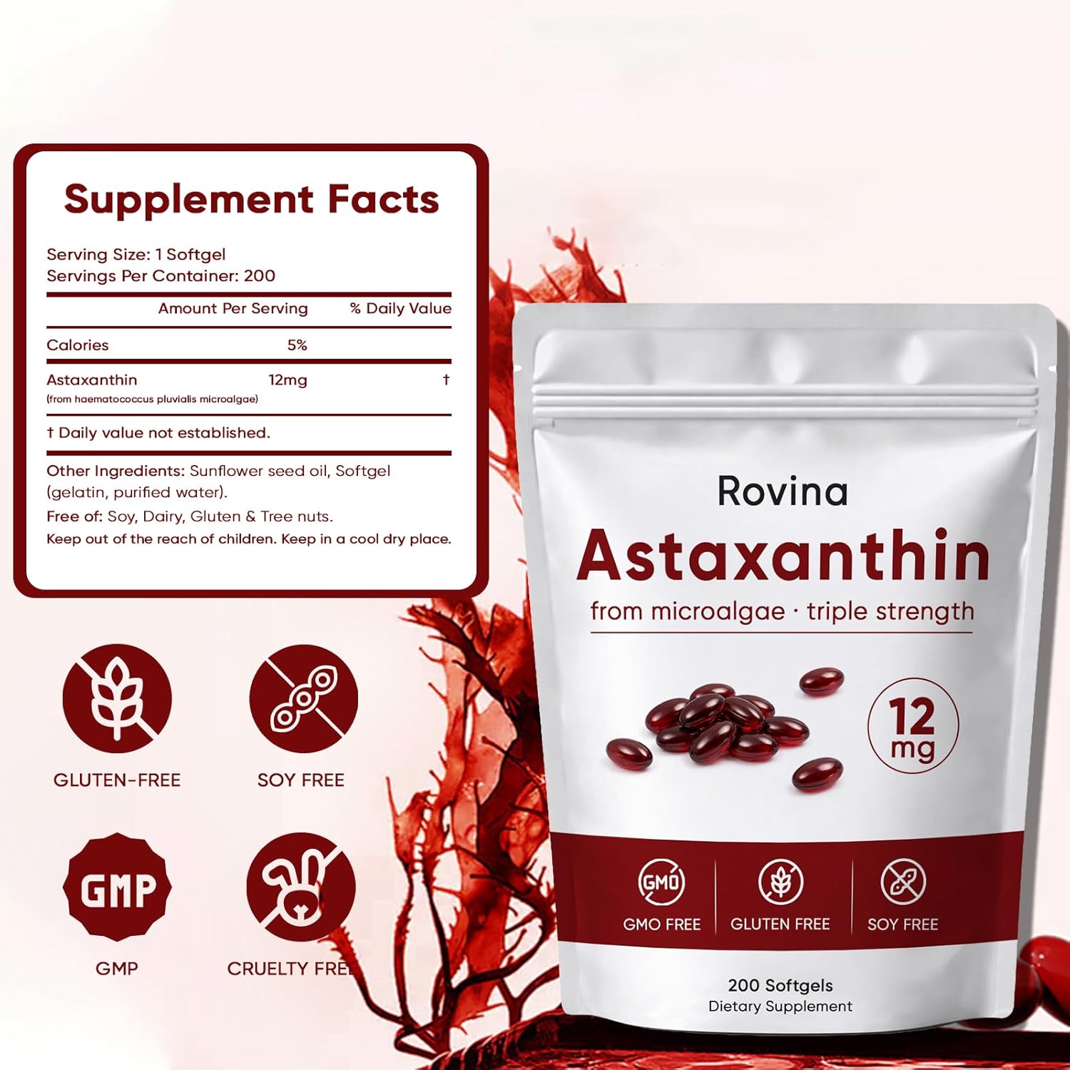 Rovina Astaxanthin 12mg Softgels, Zions Organic astaxanthin Antioxidant Supplement for Daily Wellness, Immune, Eye & Skin Support, Internal Circulation, Non-GMO, Gluten Free - 200 Softgels (1) - Image 2