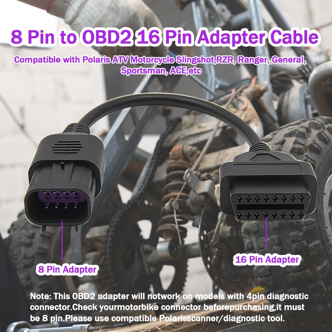 OBD2 Adapter Cable for Polaris 8 pin to 16 pin OBD2 Diagnostic Diagnostic Code Reader Adapter Scanner Fits Polaris ATV Motorcycle Slingshot,RZR, Ranger, General, Sportsman, ACE,etc - Image 2
