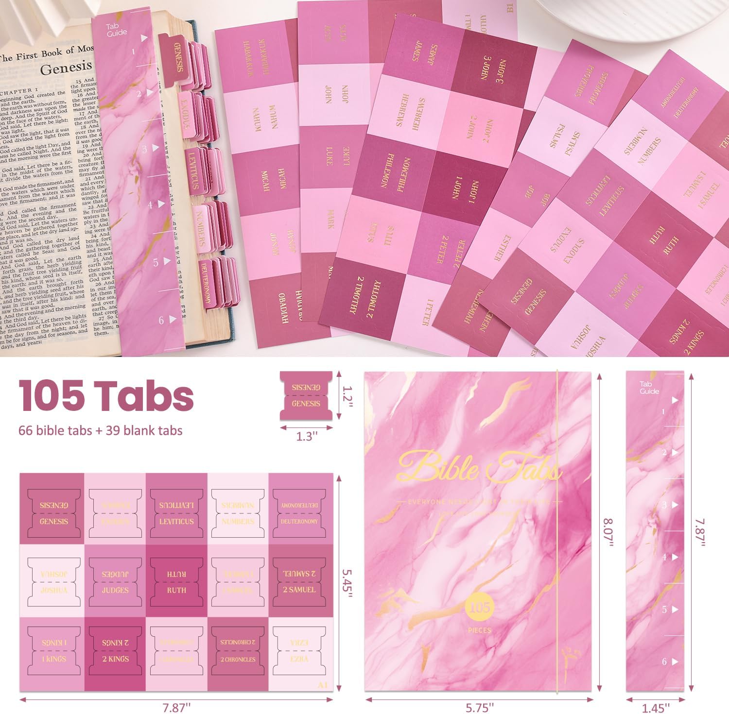 Laminated Bible Tabs, Gold Foil Embossed Lettering Bible Chapter Index Tabs for Women Men, Reposition Large Print Sticky Labels, Easy to Read and Apply, 105 Chapters Labels for Easy Navigation, Pink - Image 2