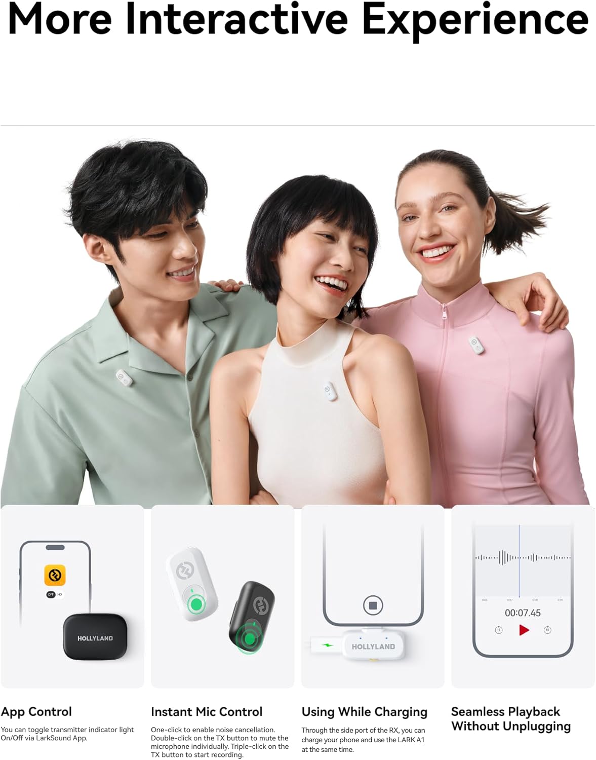 Hollyland Lark A1 Wireless Microphone for iPhone & Android, 48kHz/24-bit Studio Audio, 3-Level Noise Cancellation, 200m Range, Magnetic Mini Mic for Video Recording & Live Streaming (2TX + USB-C RX) - Image 11