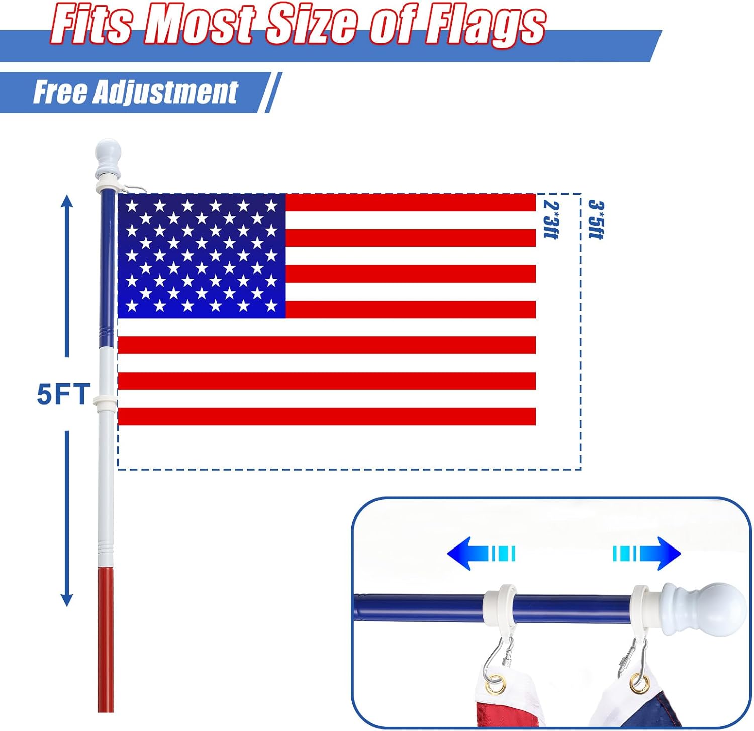 Truck Flag Pole with Mount for Truck Bed, 5ft Black Metal Flagpole, Heavy Duty Flag Pole Kit with Holder, Drilling Free for Truck Bed Rail, Pickup, Jeep, Deck Railing, Balcony, Boat, Fence Post - Image 6