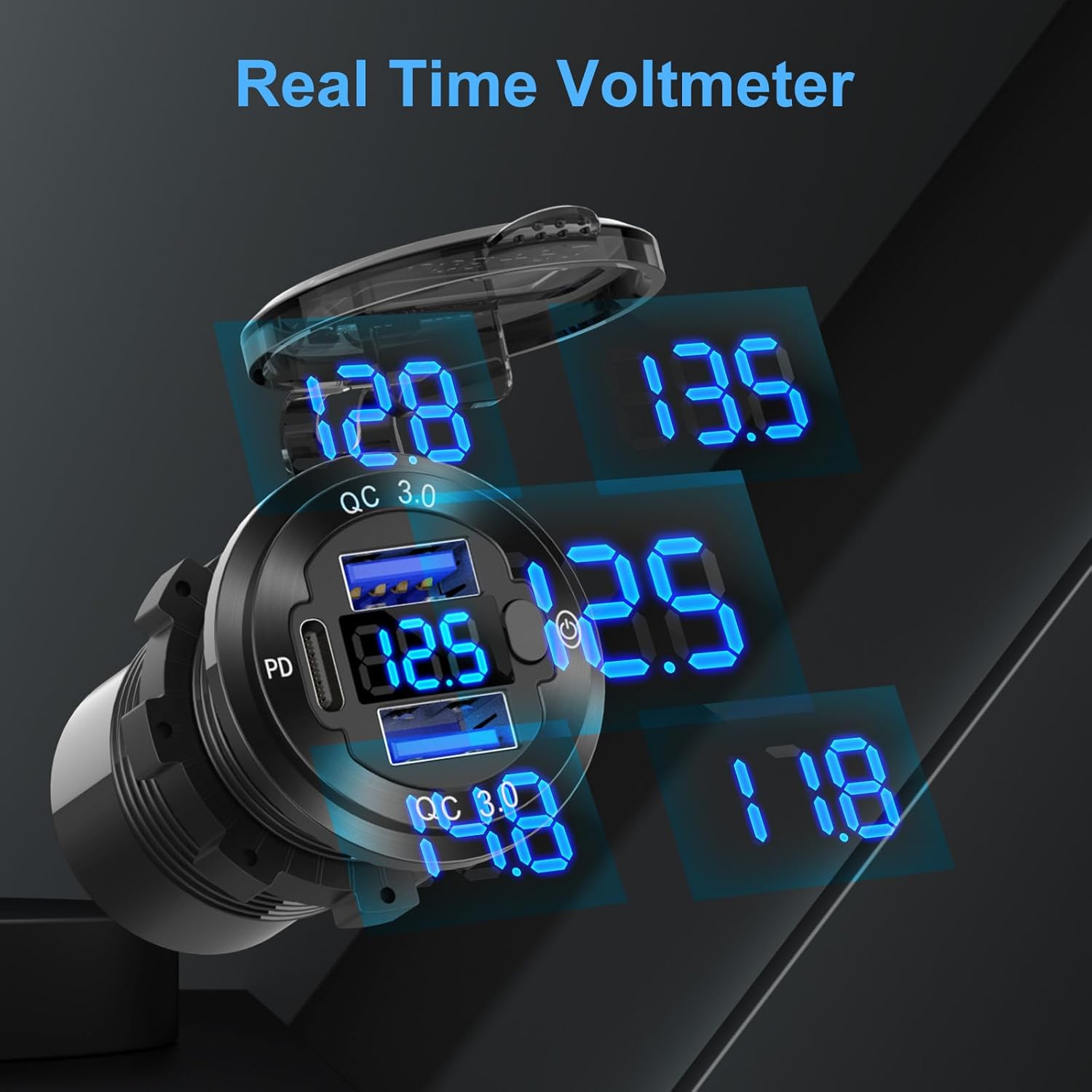 12V USB Outlet Boat Accessories Marine Switch Panel Plug, PD3.0 and Dual QC3.0 USB Ports Aluminum Car Charger with Voltmeter, Lighted 150W Cigarette Lighter Socket and Toggle Switch 3 in 1 DIY Kit - Image 3