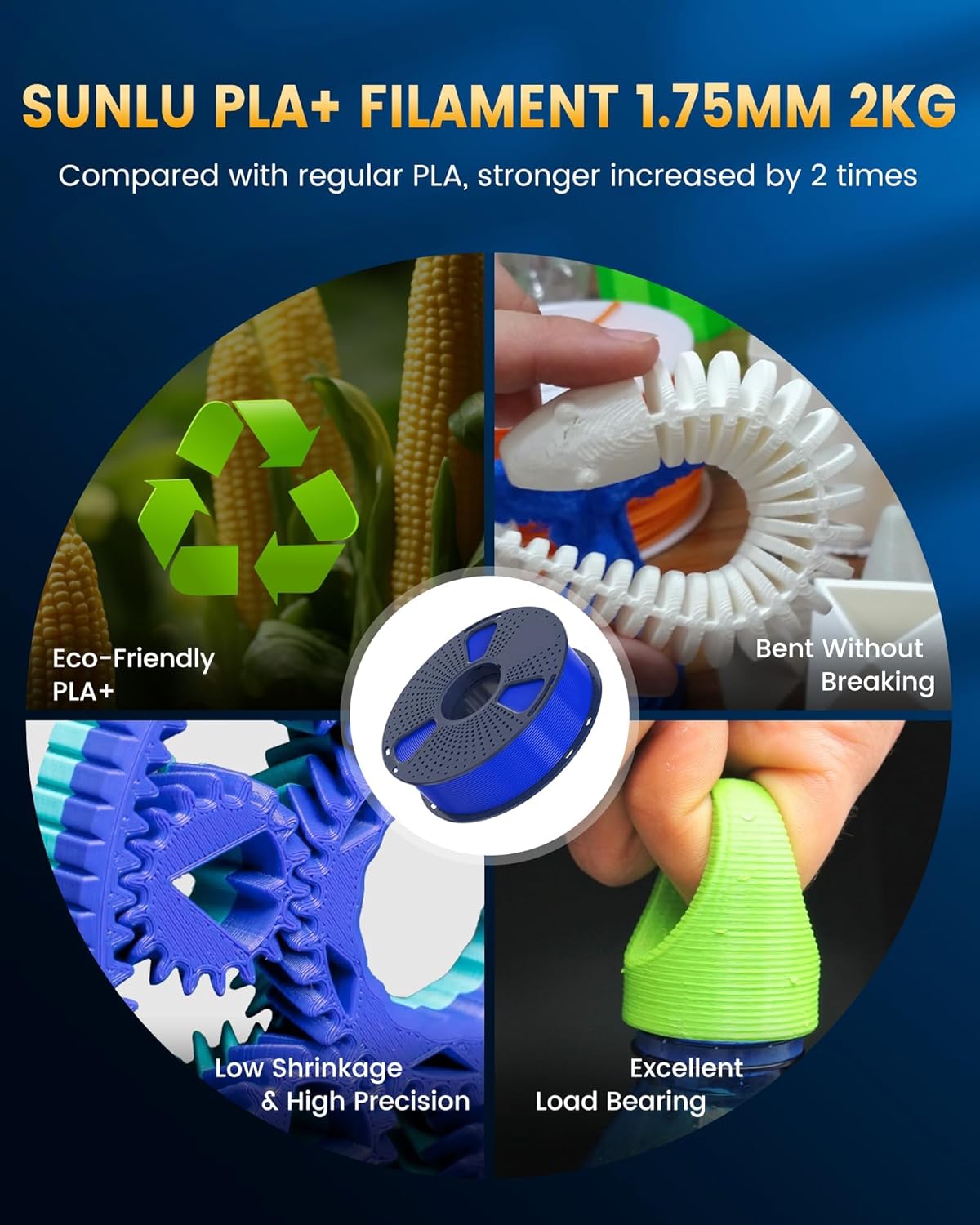 SUNLU PLA+2.0 3D Printer Filament Bundle, 4KG Upgrade PLA+ Filament 1.75mm, Tougher and Stronger, Dimensional Accuracy +/-0.02mm, 1KG per Spool, 4 Packs, 4KG Total, Black+White+Klein Blue+Red - Image 2