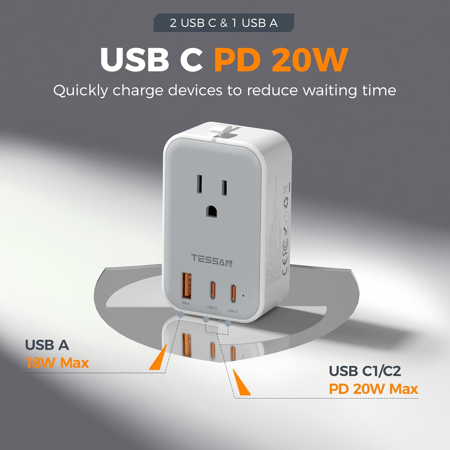 TESSAN Universal Travel Adapter PD 20W, Ultra Thin International Power Adapter 2 USB C 1 USB A, Worldwide Power Plug Adaptor for USA to European UK Italy Ireland New Zealand (Type C/G/A/I), Grey - Image 5