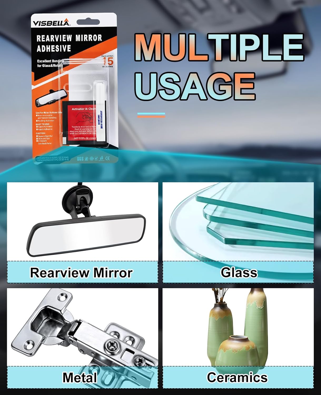 Visbella Rearview Mirror Adhesive Repair Kit Rear View Mirror Glue for Windshield Excellent Bonding for Glass & Metal - Image 3