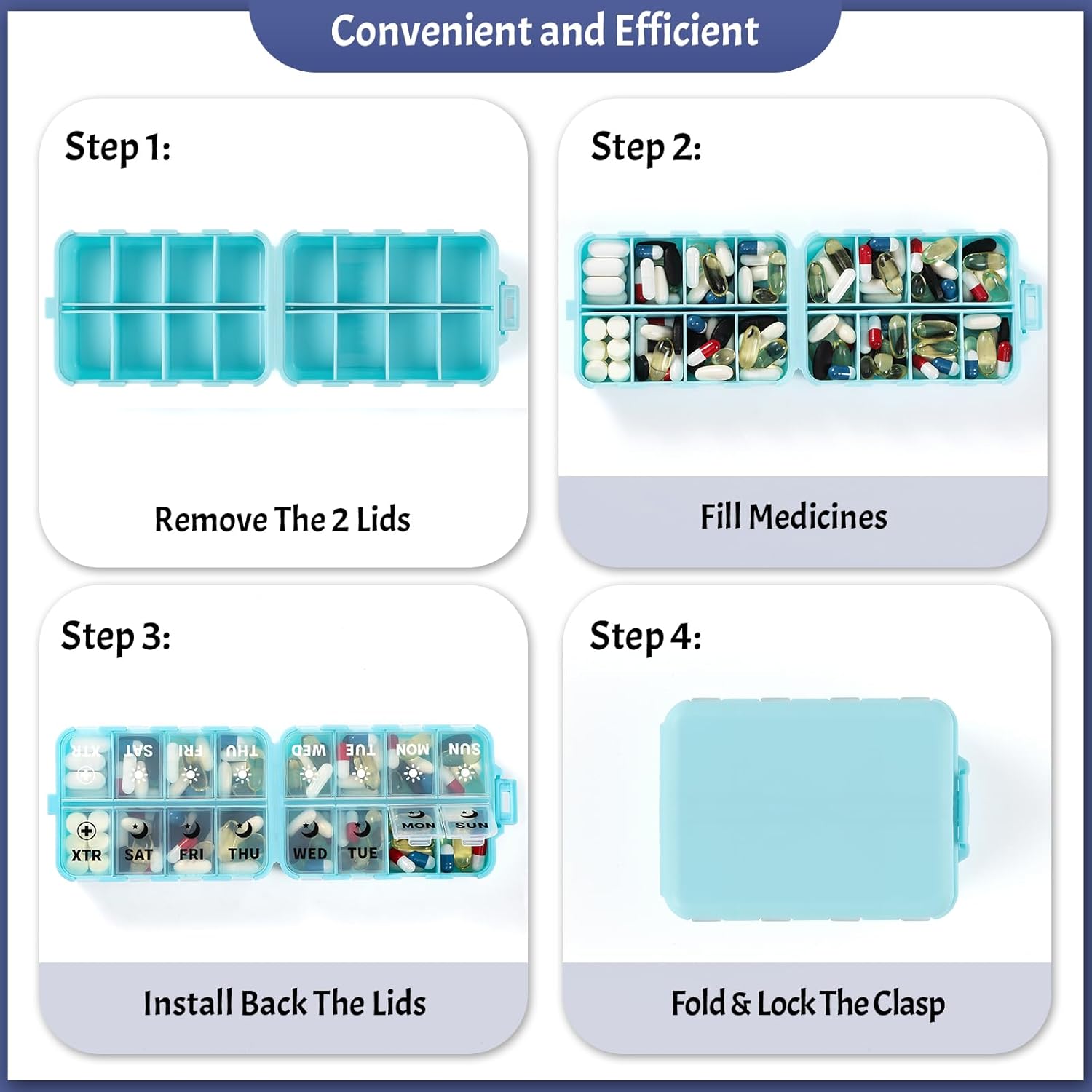 Foldable Weekly Pill Organizer 2 Times a Day with 2 Extra Compartments (Clear Printed Labels) - Portable 7 Day AM PM Medicine Box, Week Daily Travel Pill Case Holder for Vitamin, Supplement - Sky Blue - Image 5