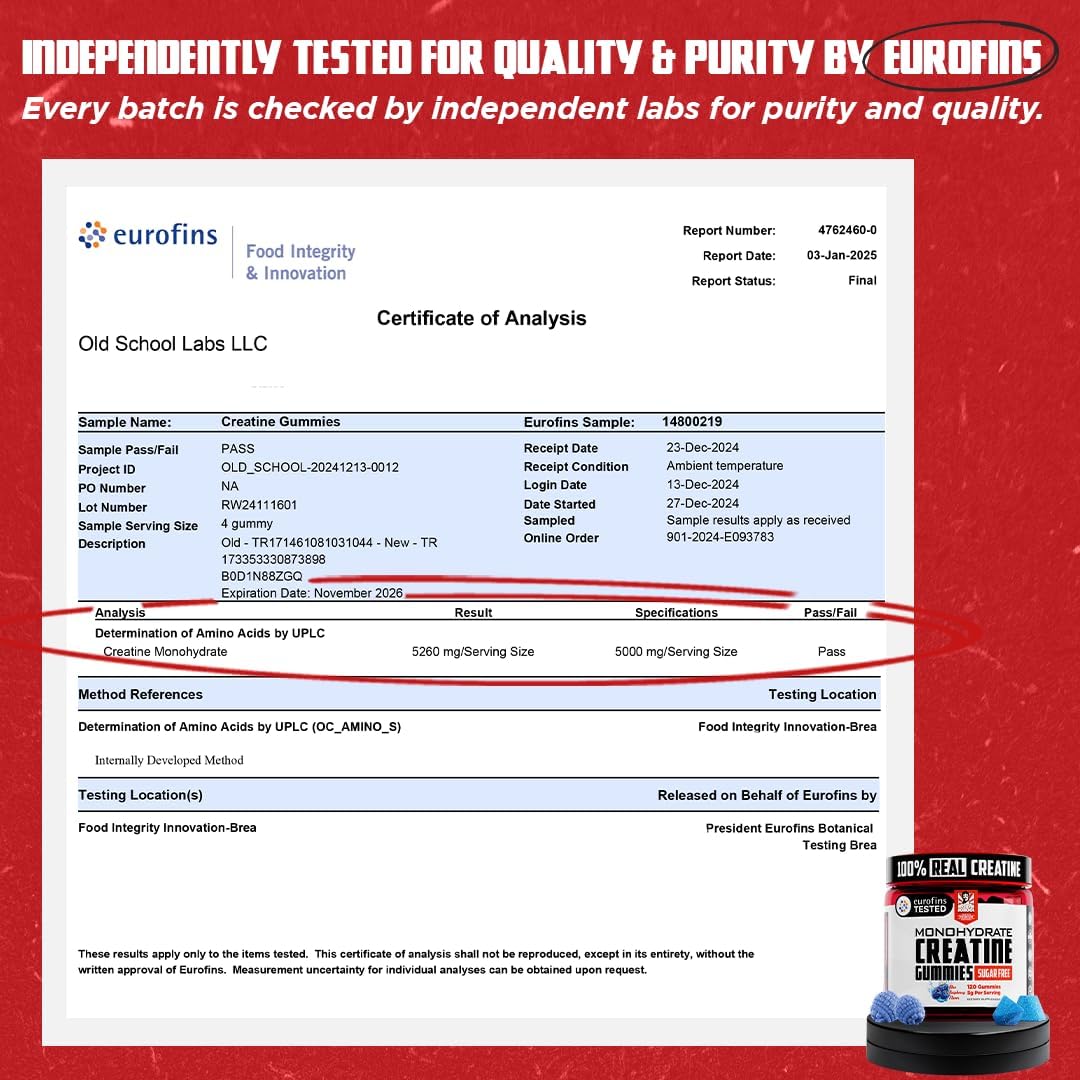 Old School Labs 5000mg Creatine Monohydrate Gummies, Optimized for Men and Women, Supports Lean Muscles & Recovery, Energy & Stamina - Real Creatine and Third Party Tested, 30 Servings, 120 Ct - Image 5