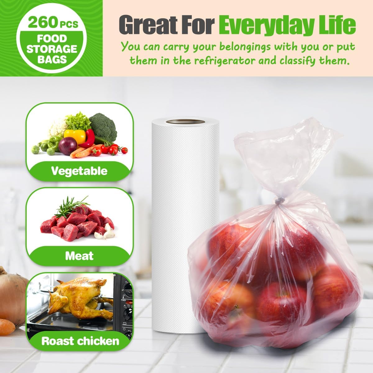 Teivio 260 Count 14" x 18" Plastic Produce Bags on A Roll, Clear Kitchen Disposable Plastic Storage Bags for Bread Fruit Vegetable - Image 3
