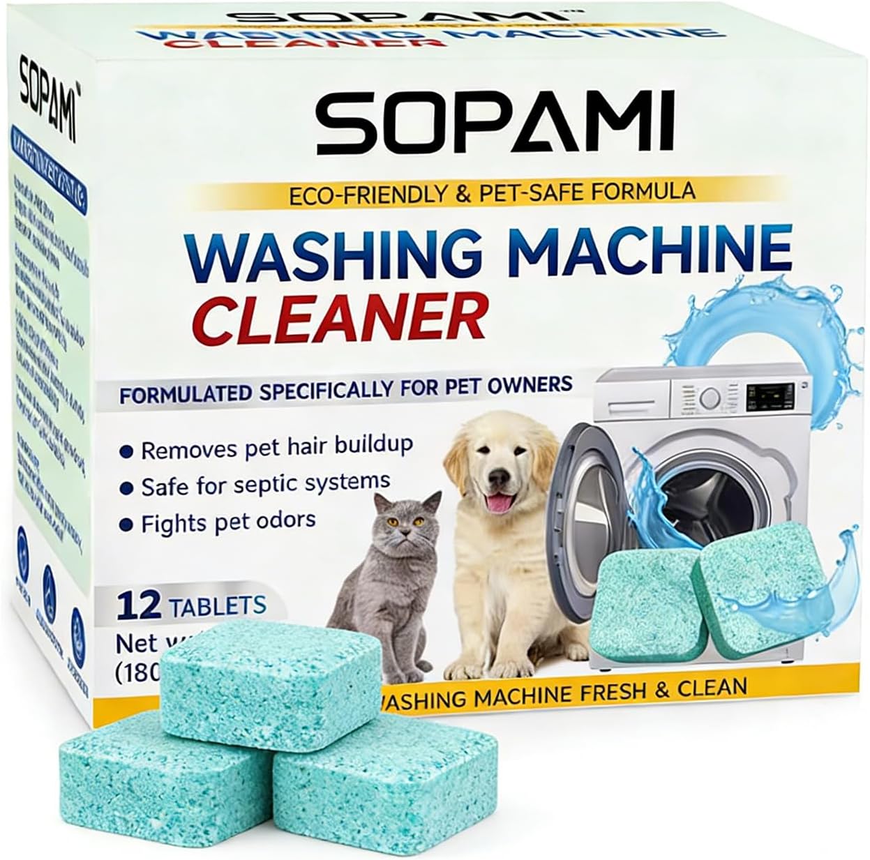 SOPAMI Washing Machine Cleaner Tablets 12 Pack, Deep Clean HE Front Load Top Load Washer, Remove Stubborn Pet Hair Odors, Septic Safe Pet Owner Solution washing machine tablets