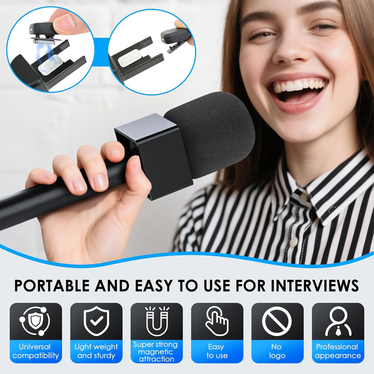 Handheld Adaptor for Interview Mic, Mic Handle Compatible with DJI, Rode and All Lav Microphone, Wireless Microphone Handle, Mic Holder with 3 Pop Filter and Flag Station for Vlogging, Reports - Image 3