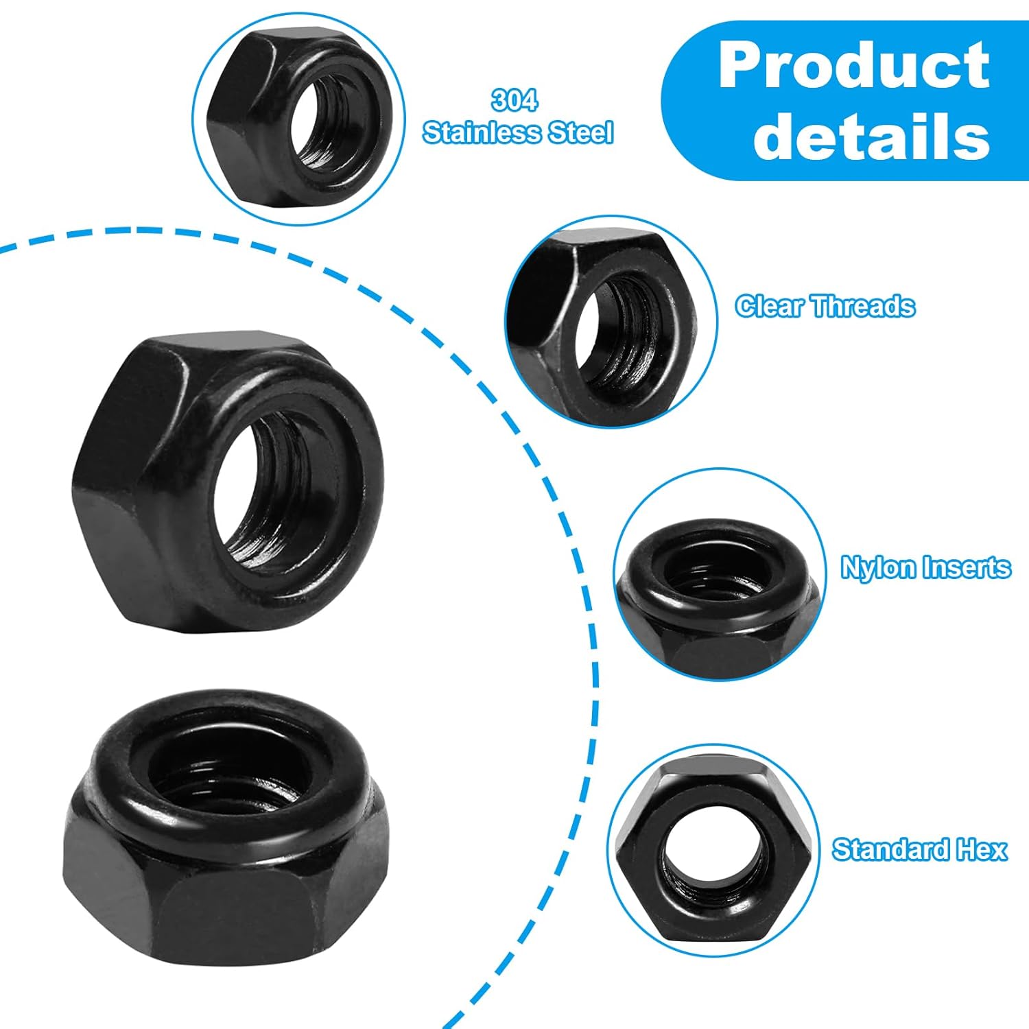 50Pcs 1/4"-20 Nylon Insert Hex Lock Nuts 304 Stainless Steel Locknuts Self-Locking Nut, Standard Inch Threaded Nylock Nuts, Hex Drive, Zinc Plated Black - Image 3