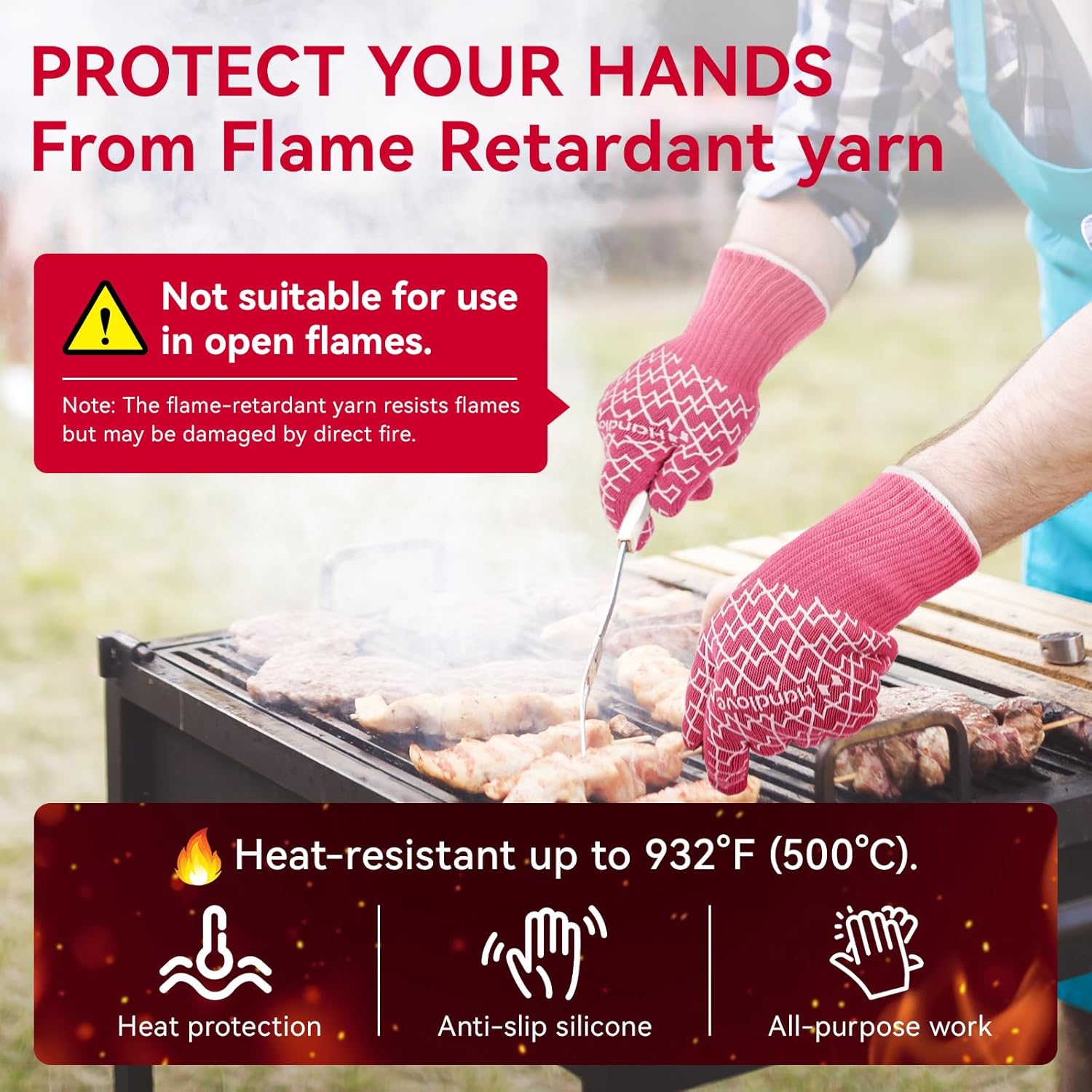 HandLove Aramid Heat Resistant BBQ Gloves – Grilling & Oven Gloves with Fingers, Silicone Grip & Long Cuffs for Cooking, Baking, and Outdoor Barbecue – Pink, Small - Image 6