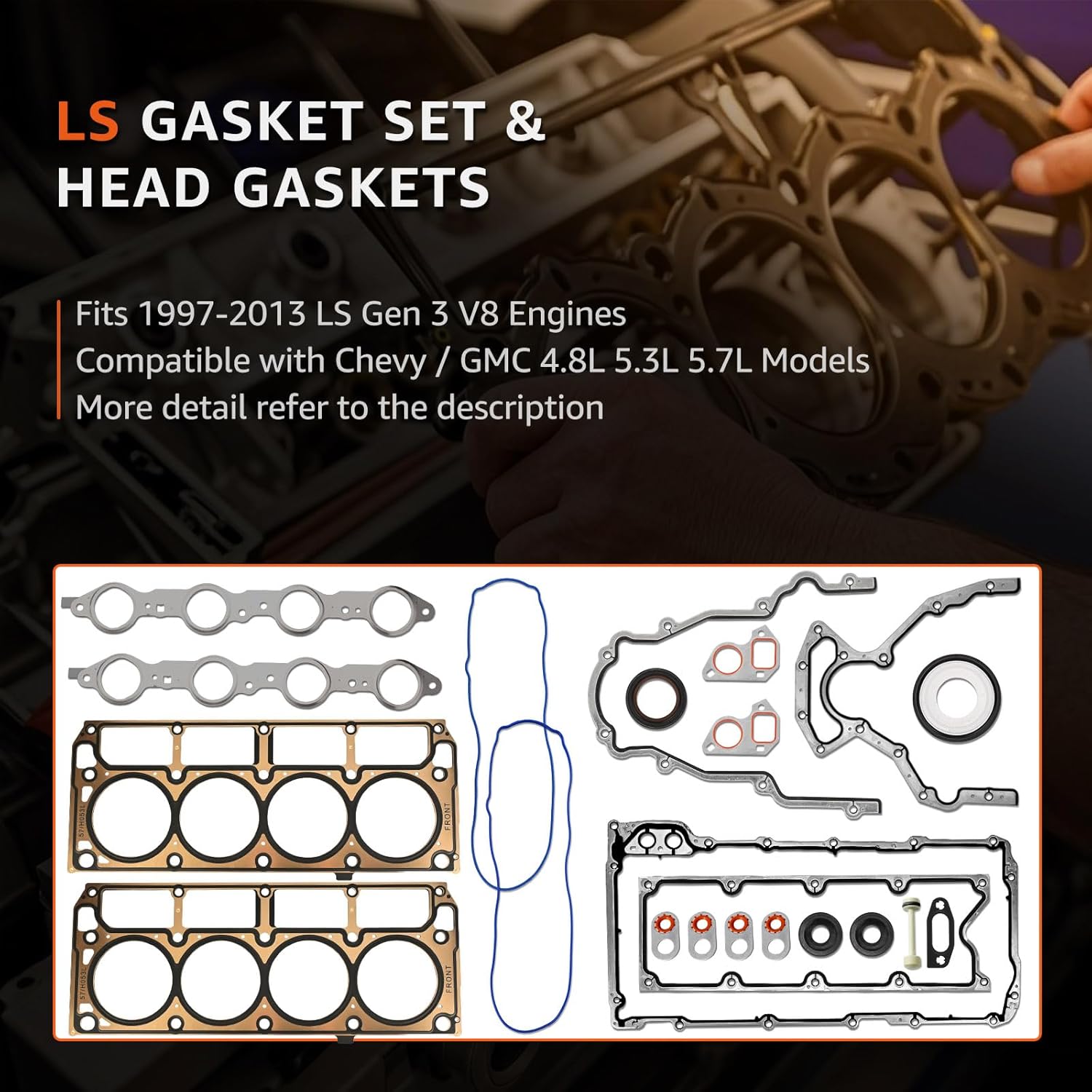 LS 5.3 Gasket Set & MLS Head Gaskets Fits 4.8L 5.3L 5.7L LS1 LS6 LM7 L59 LR4 Gen 3 V8 Engines Compatible with Chevy GMC Cadillac Buick Models Replace# 12589226 12558178 12612350 - Image 2