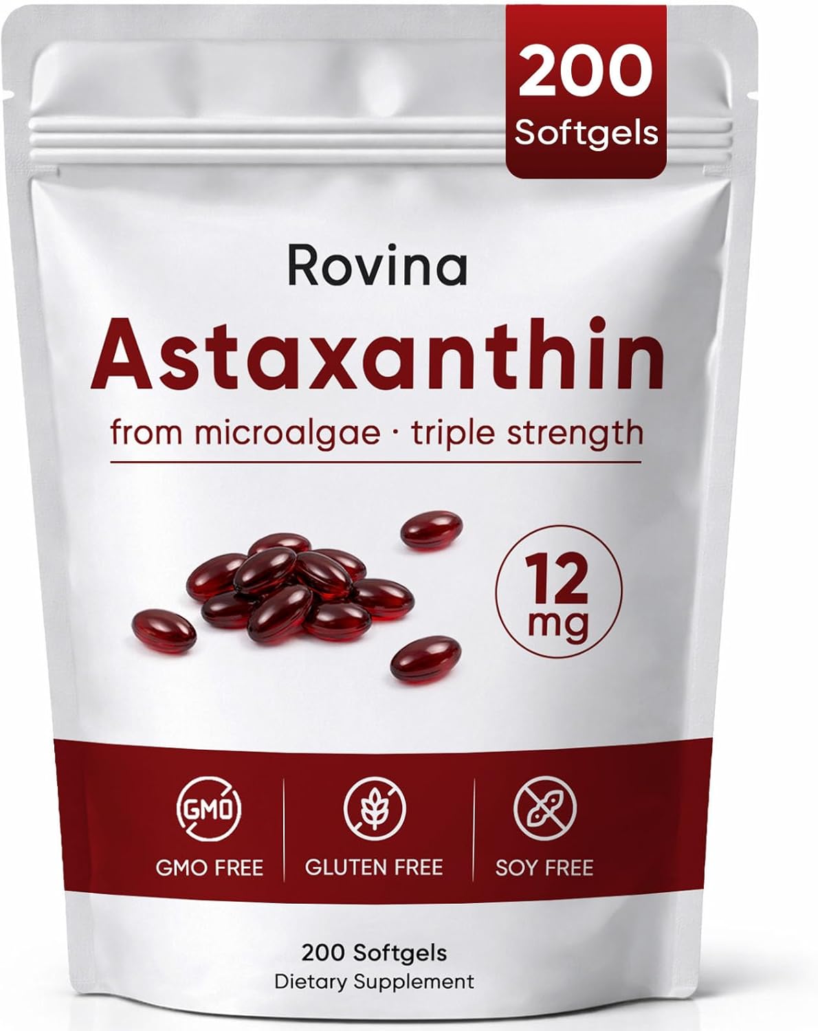Rovina Astaxanthin 12mg Softgels, Zions Organic astaxanthin Antioxidant Supplement for Daily Wellness, Immune, Eye & Skin Support, Internal Circulation, Non-GMO, Gluten Free - 200 Softgels (1)