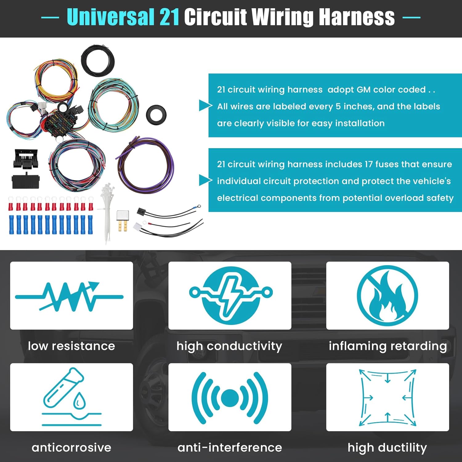 Universal 21 Circuit Wiring Harness Kit, Universal Extra Long Wire 21 Circuit Wiring Harness Standard Color 17 Fuses for GM Chevy Chrysler Dodge Ford Hotrods Plymouth Mopar Mercury Ratrods - Image 6