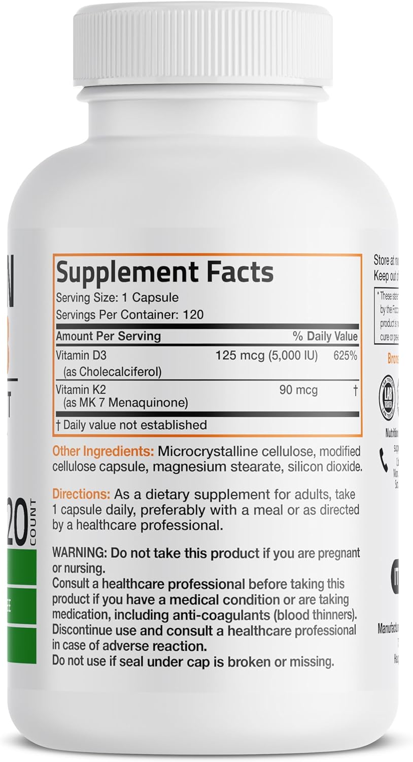 Bronson Vitamin K2 (MK7) with D3 Supplement Non-GMO Formula 5000 IU Vitamin D3 & 90 mcg K2 MK-7 Easy to Swallow D & K Complex, 120 Capsules - Image 2