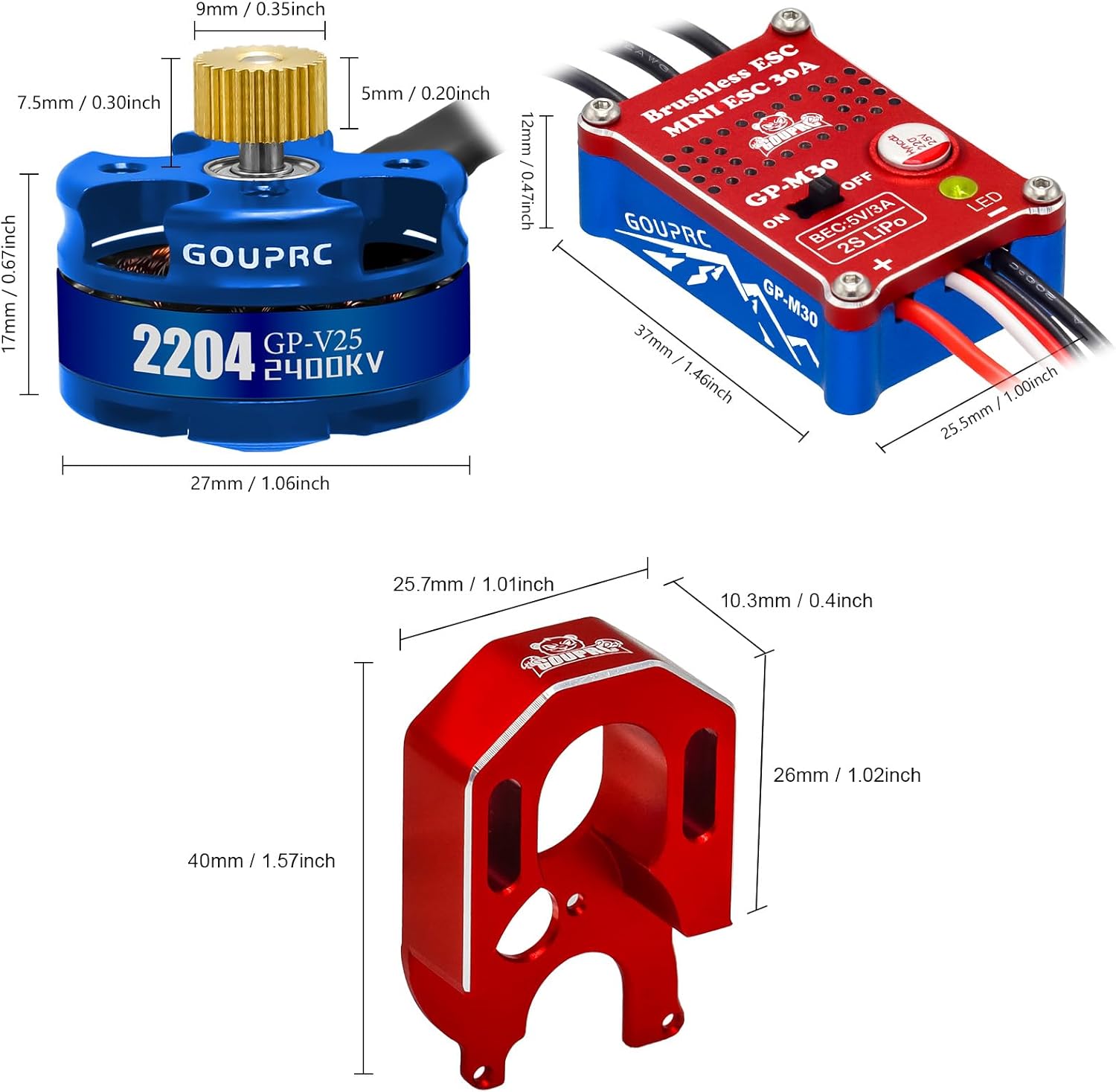 GOUPRC 30A Brushless Mini ESC & 2204 2400KV Brushless Outrunner Motor with Transmission Combo Kit for SCX24 Axial 1/24 RC Crawler Car Truck Blue Red - Image 6