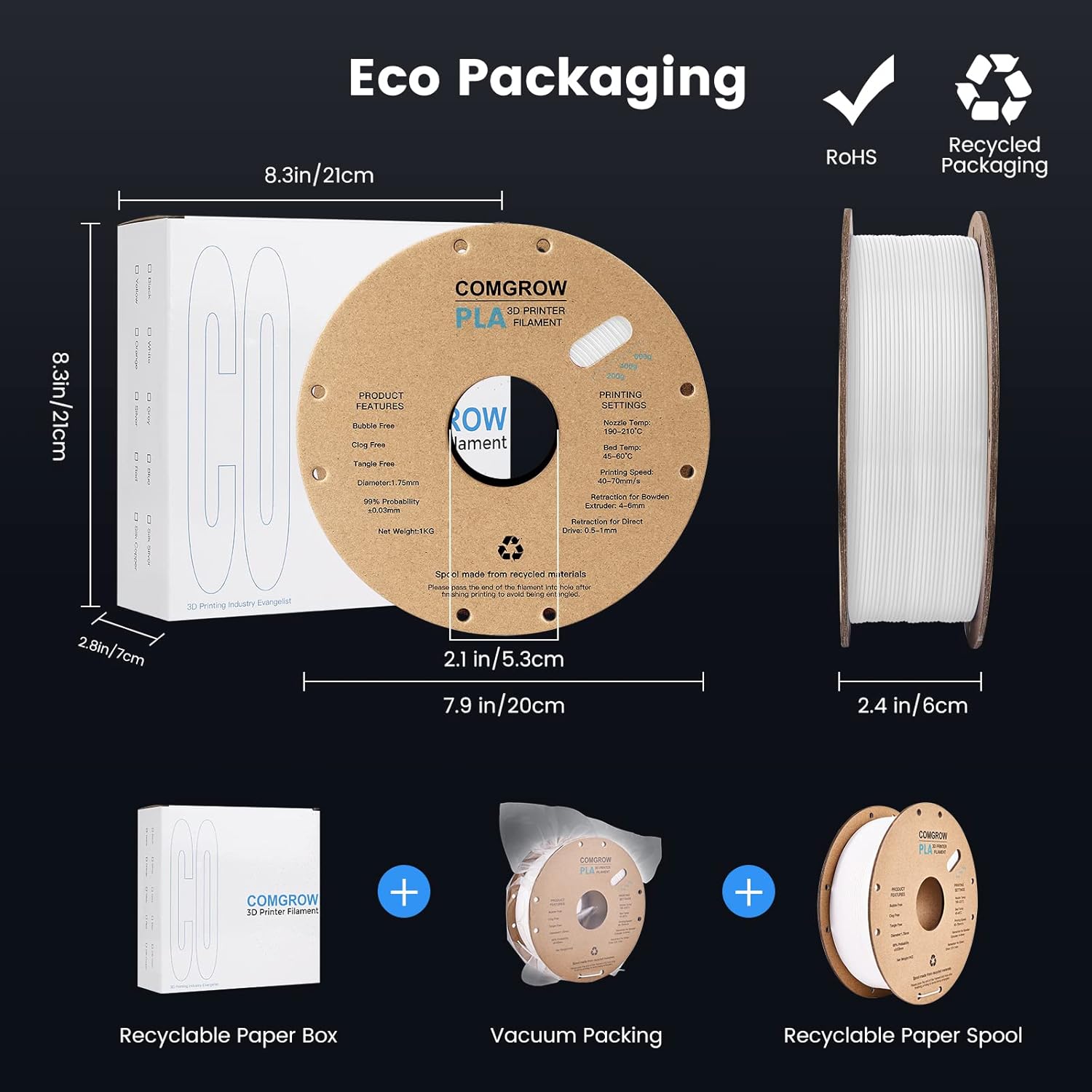 Comgrow PLA 3D Printer Filament, 3D Printer PLA Filament 1.75mm, Dimensional Accuracy +/- 0.02 mm, 1KG Spool PLA White - Image 6