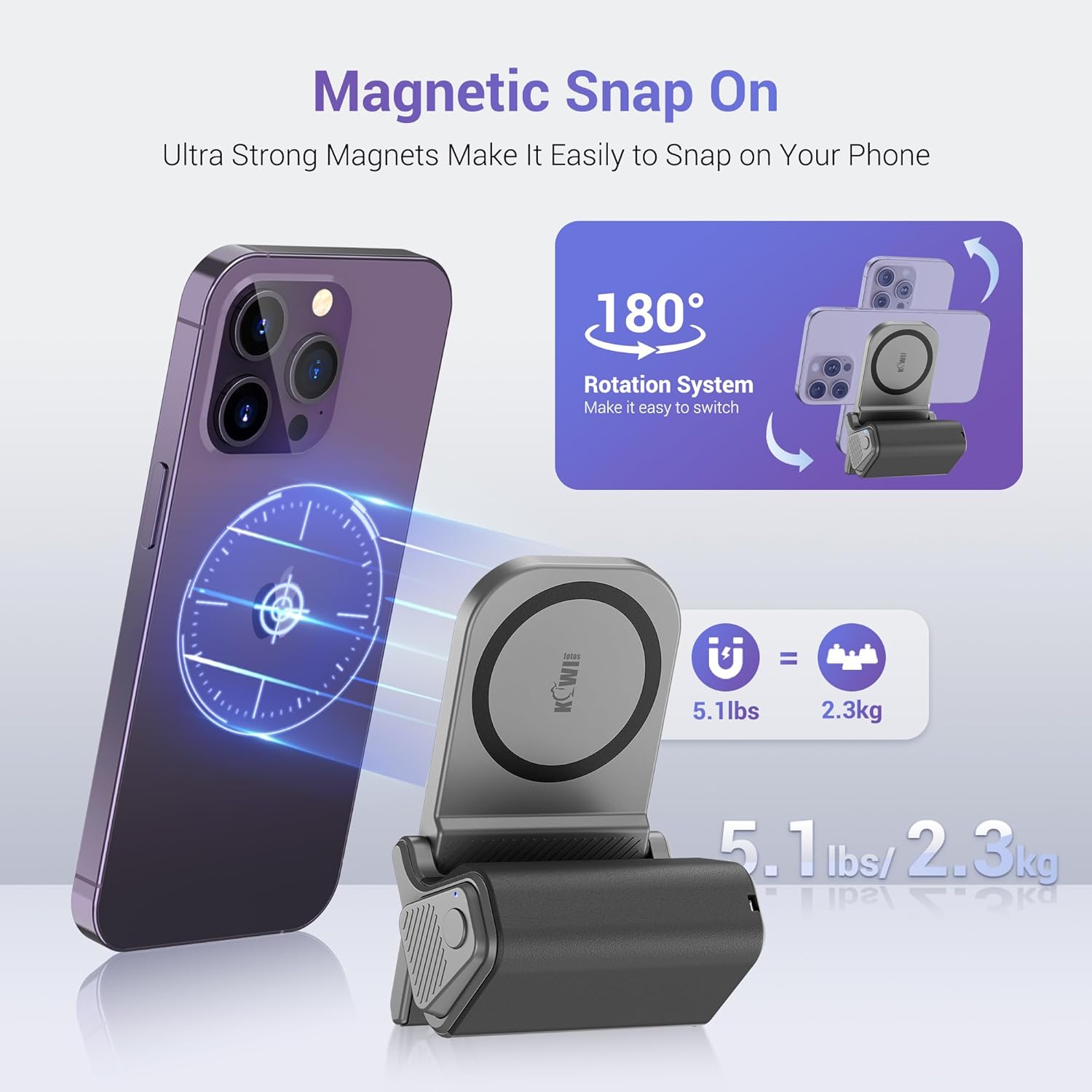 KIWIFOTOS for iPhone Magsafe Camera Grip Magnetic Phone Handle with Bluetooth Remote for iPhone 17 16 Pro Max Samsung Smartphone Vlog Video Shooting(Tripod NOT Included) - Image 4